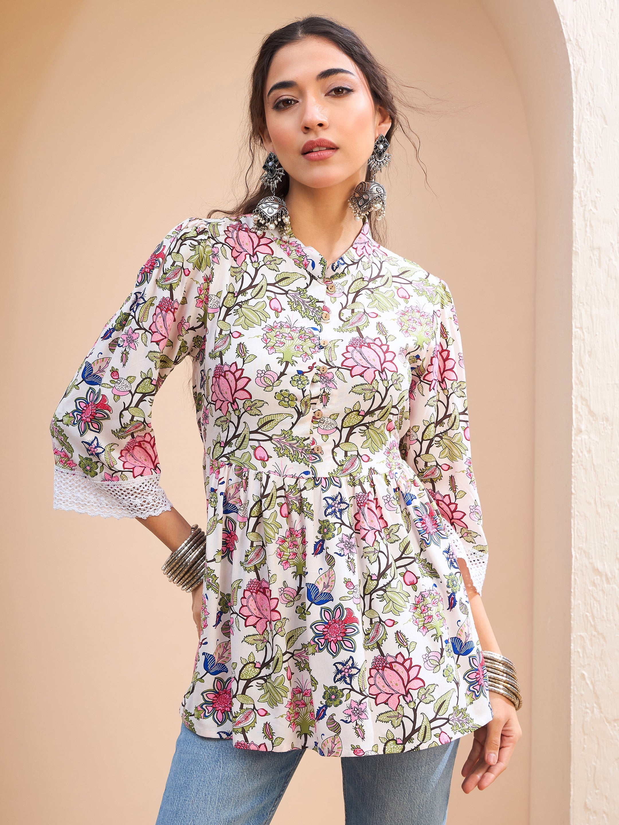 Women's White Floral Buttonned Gathered Kurti-SHAE