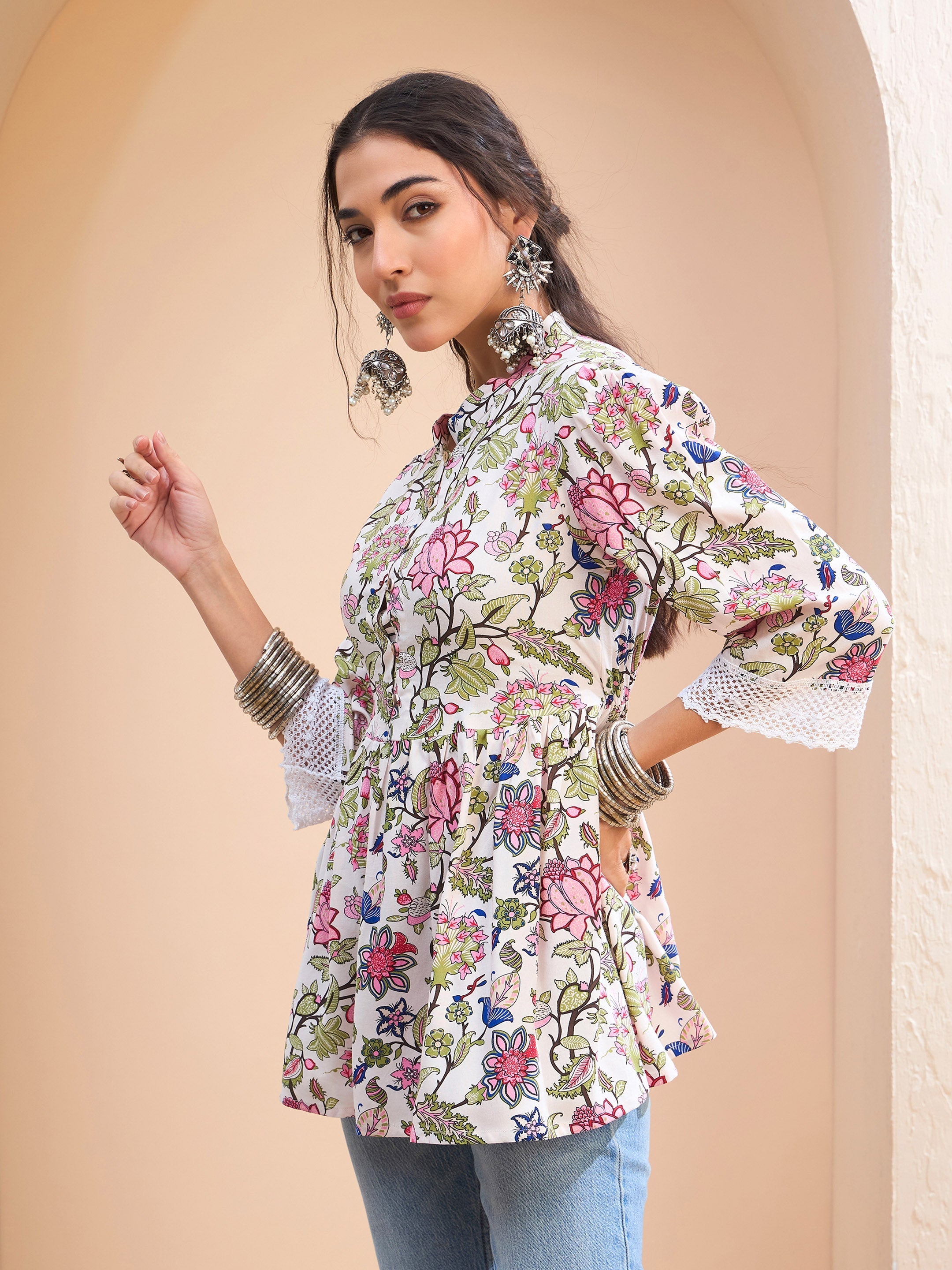 Women's White Floral Buttonned Gathered Kurti-SHAE