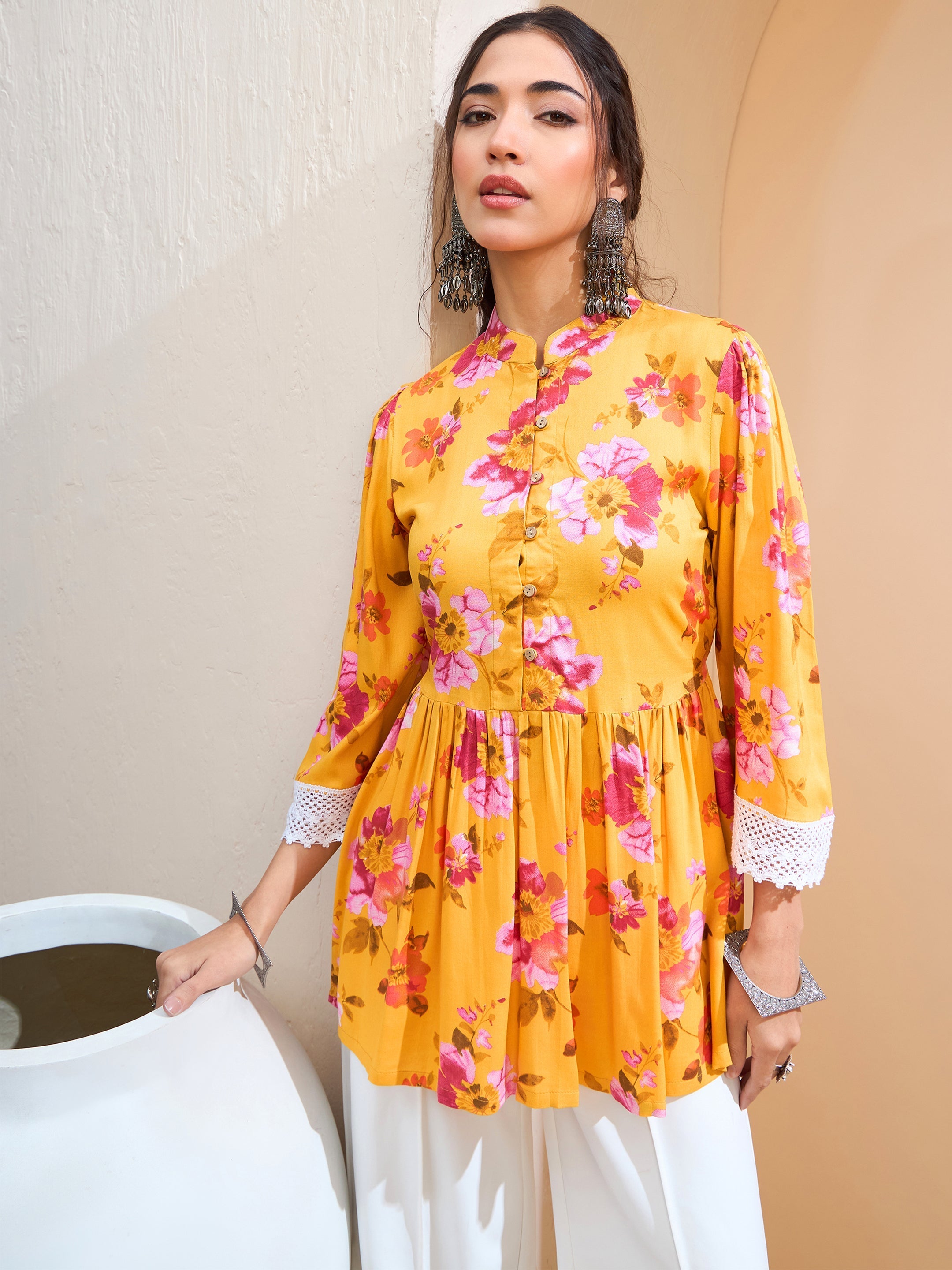 Women's Yellow Floral Buttonned Gathered Kurti-SHAE