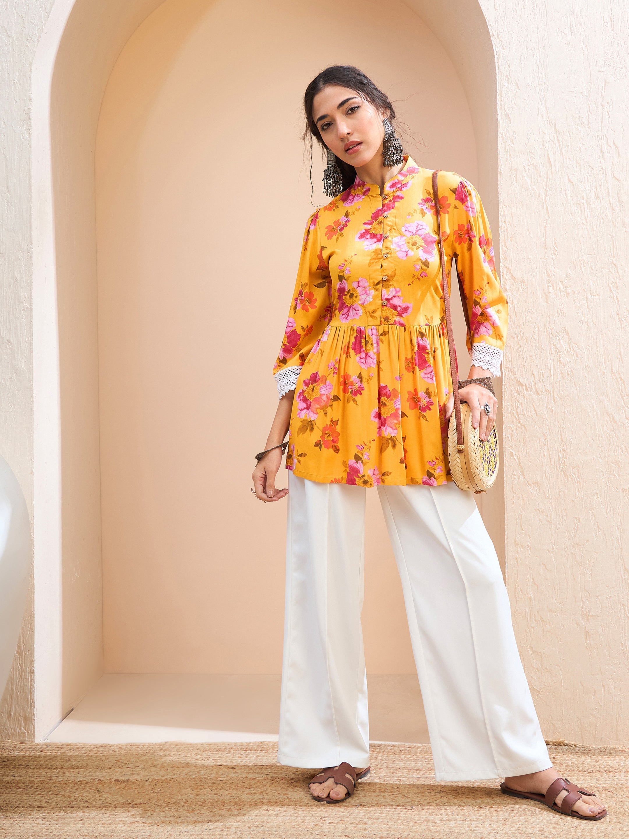 Women's Yellow Floral Buttonned Gathered Kurti-SHAE