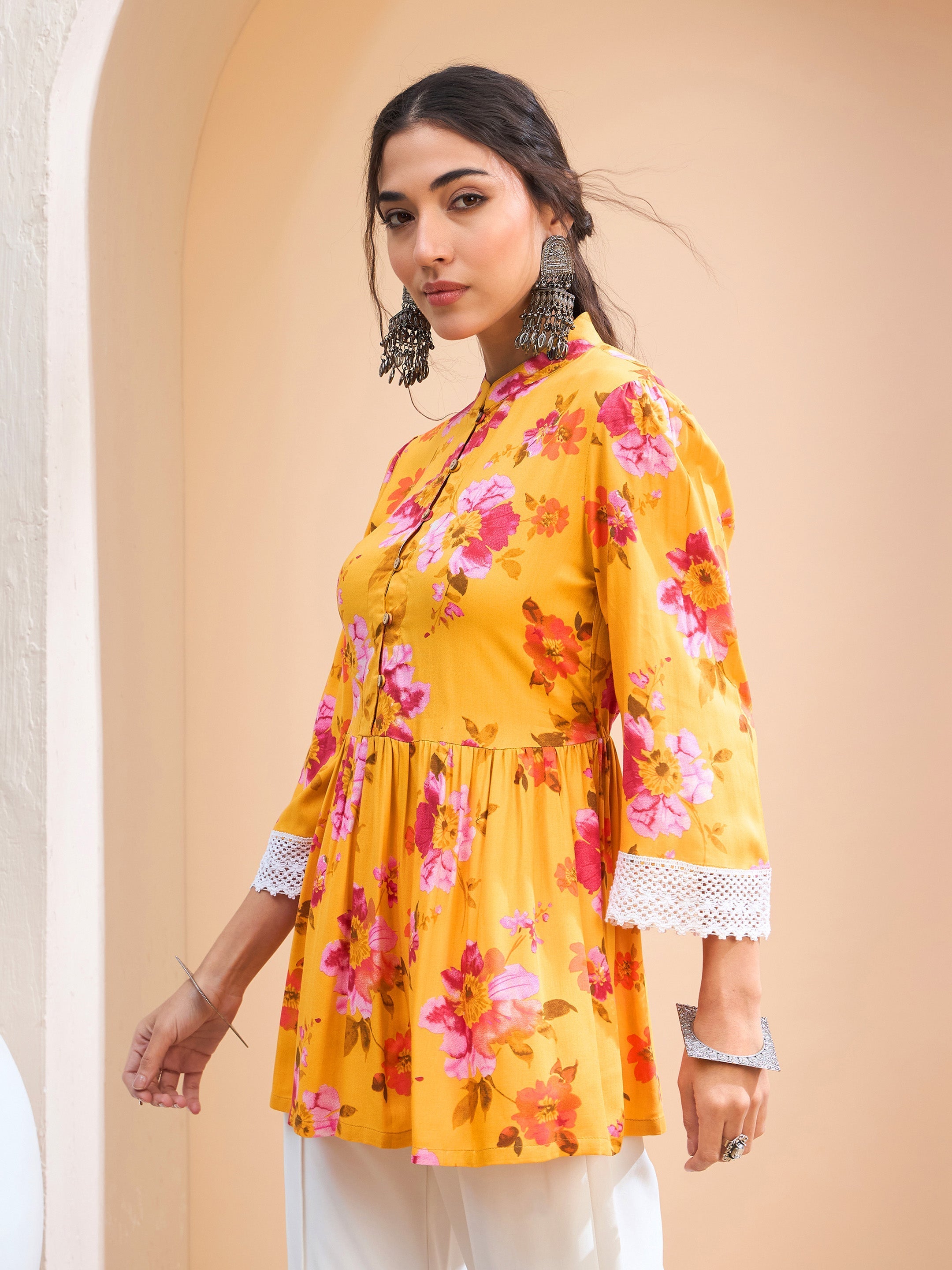 Women's Yellow Floral Buttonned Gathered Kurti-SHAE