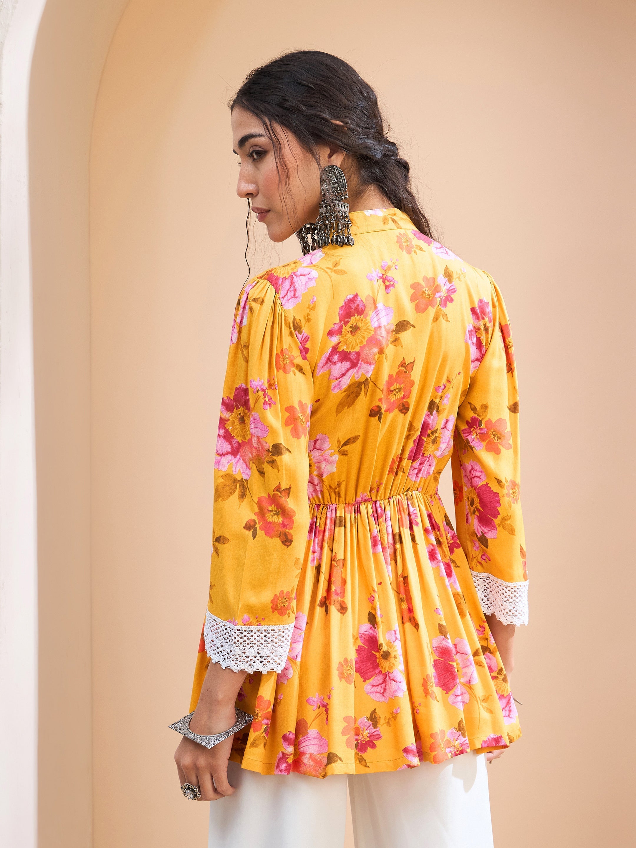 Women's Yellow Floral Buttonned Gathered Kurti-SHAE