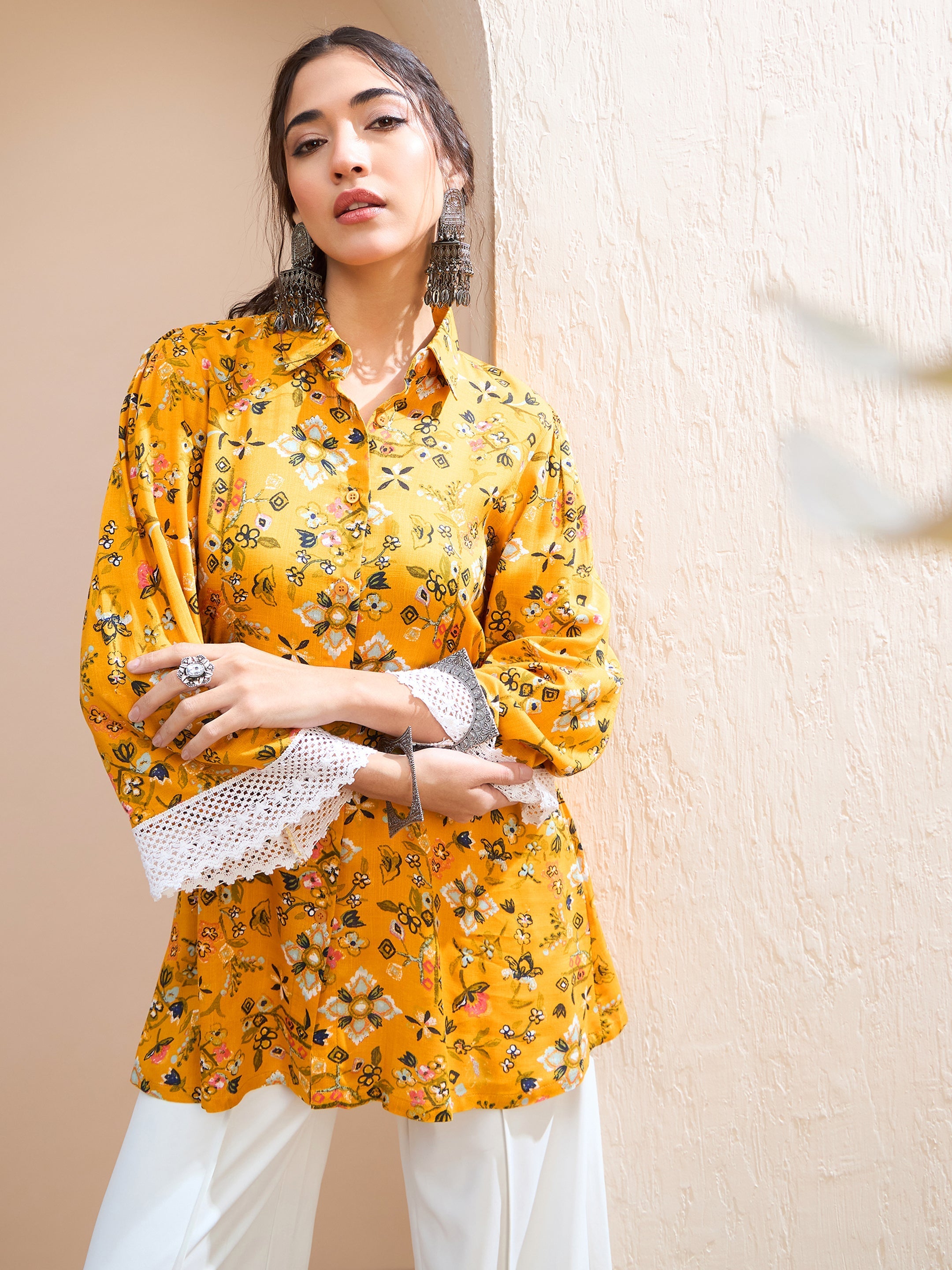 Women's Mustard Floral Buttonned Collar Neck Kurti-SHAE