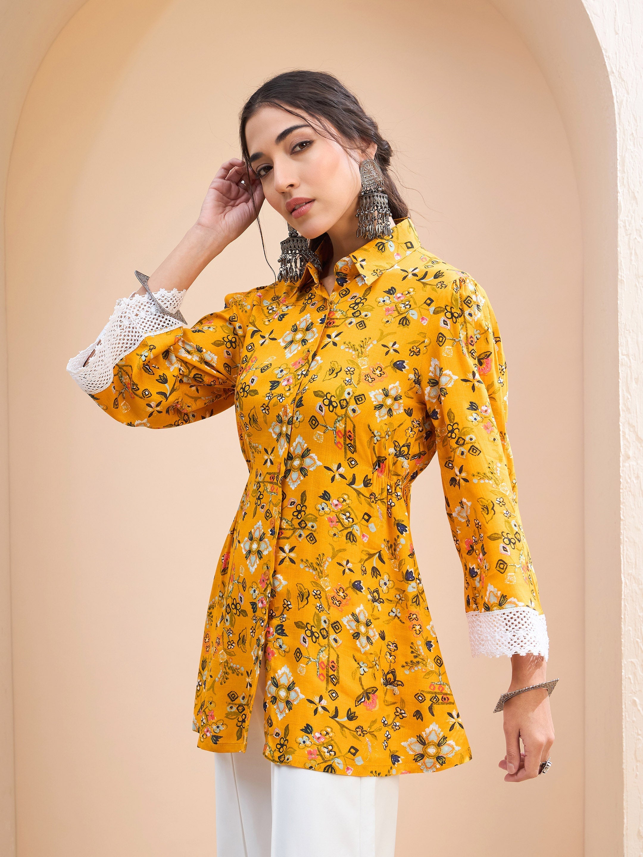 Women's Mustard Floral Buttonned Collar Neck Kurti-SHAE