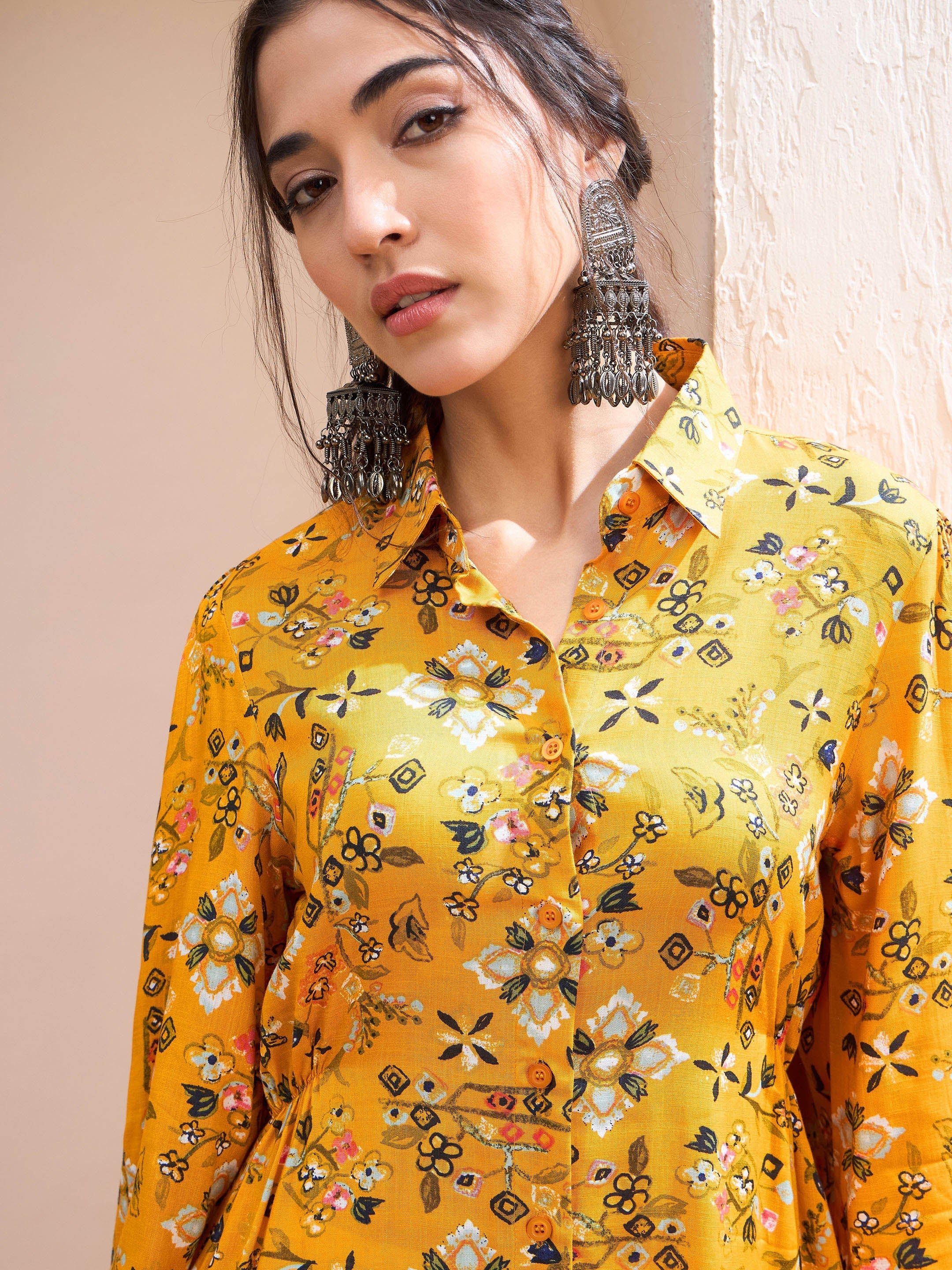 Women's Mustard Floral Buttonned Collar Neck Kurti-SHAE