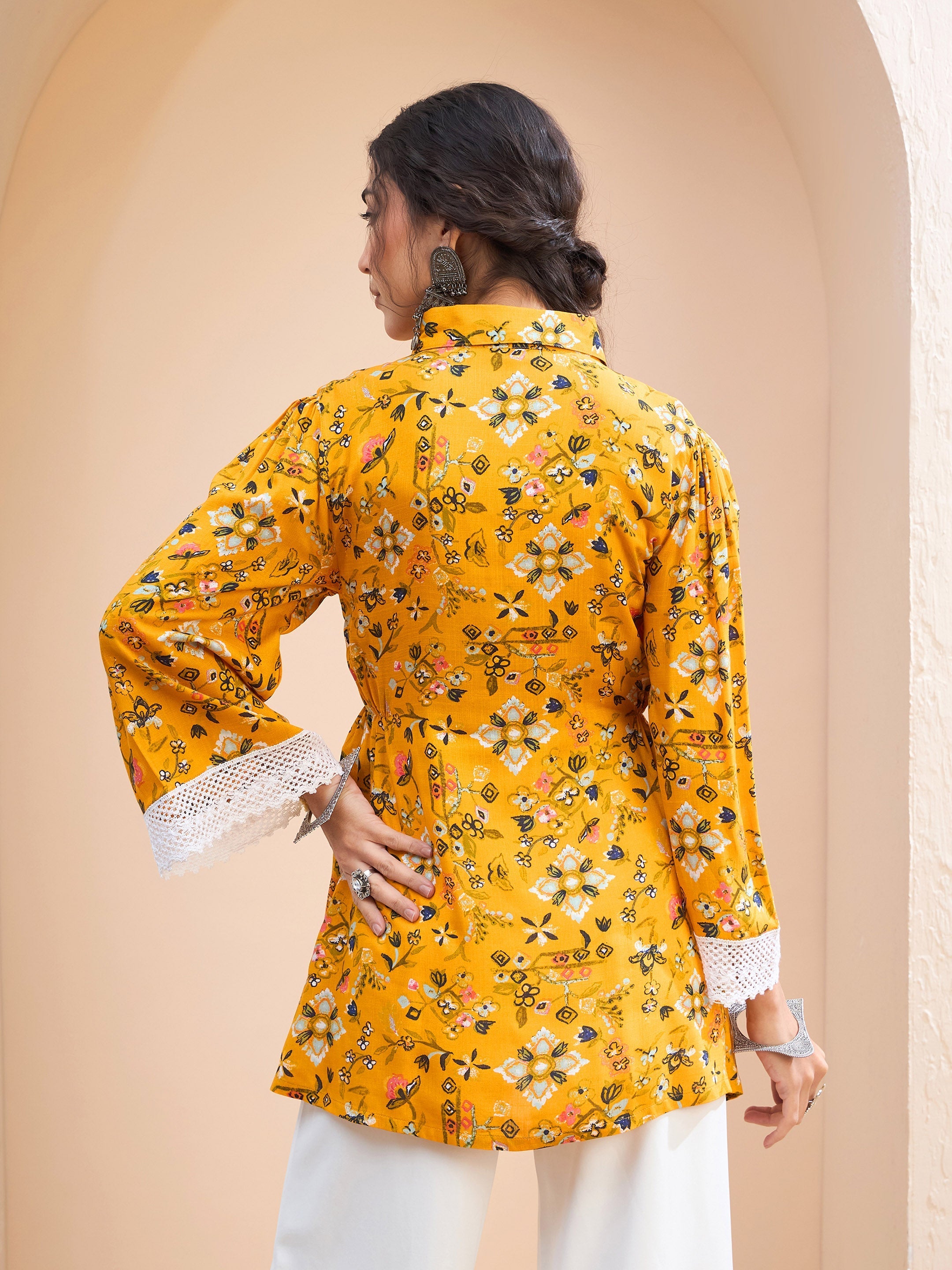 Women's Mustard Floral Buttonned Collar Neck Kurti-SHAE