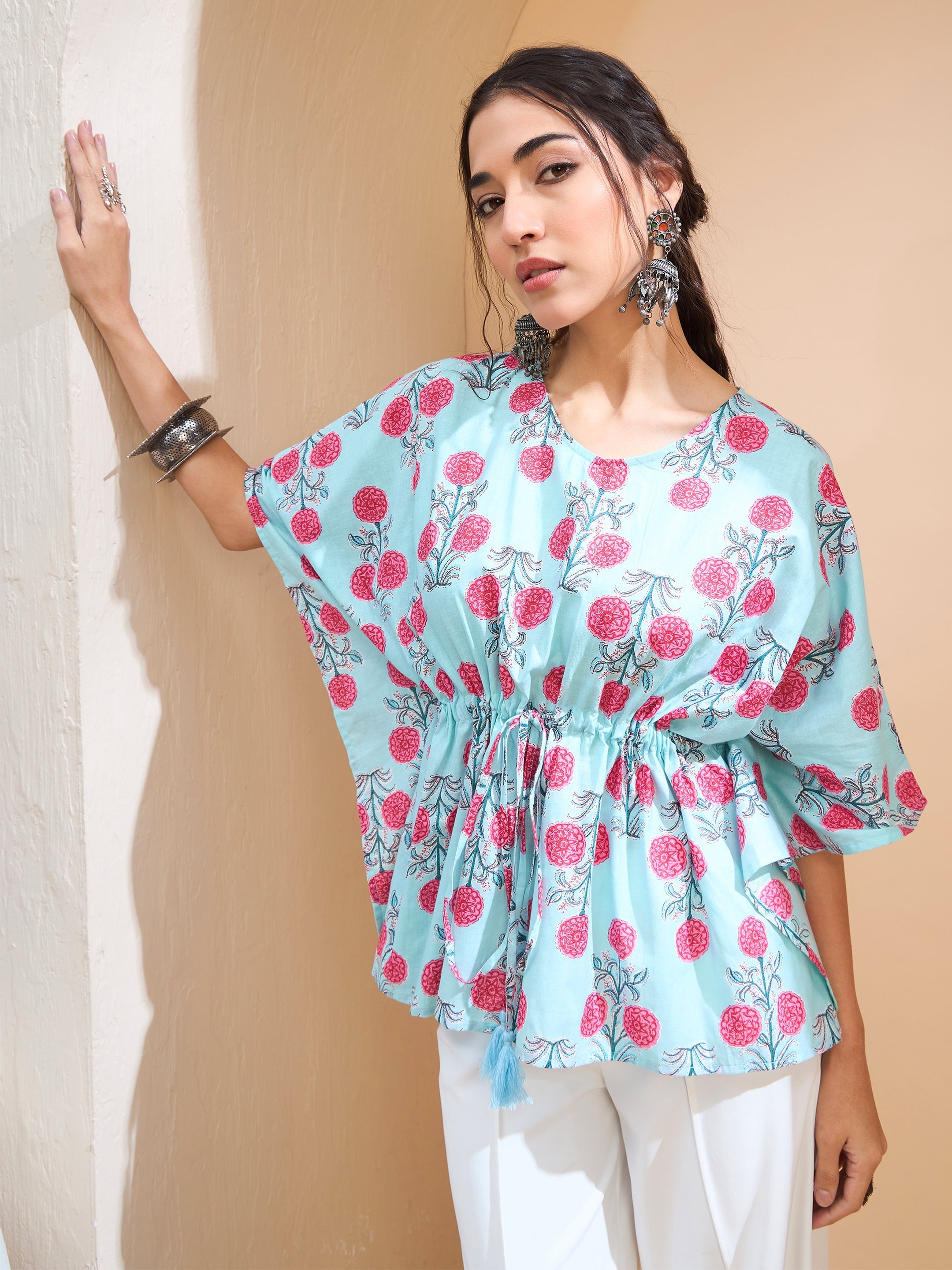 Women's Blue Floral Kaftan Kurti-SHAE