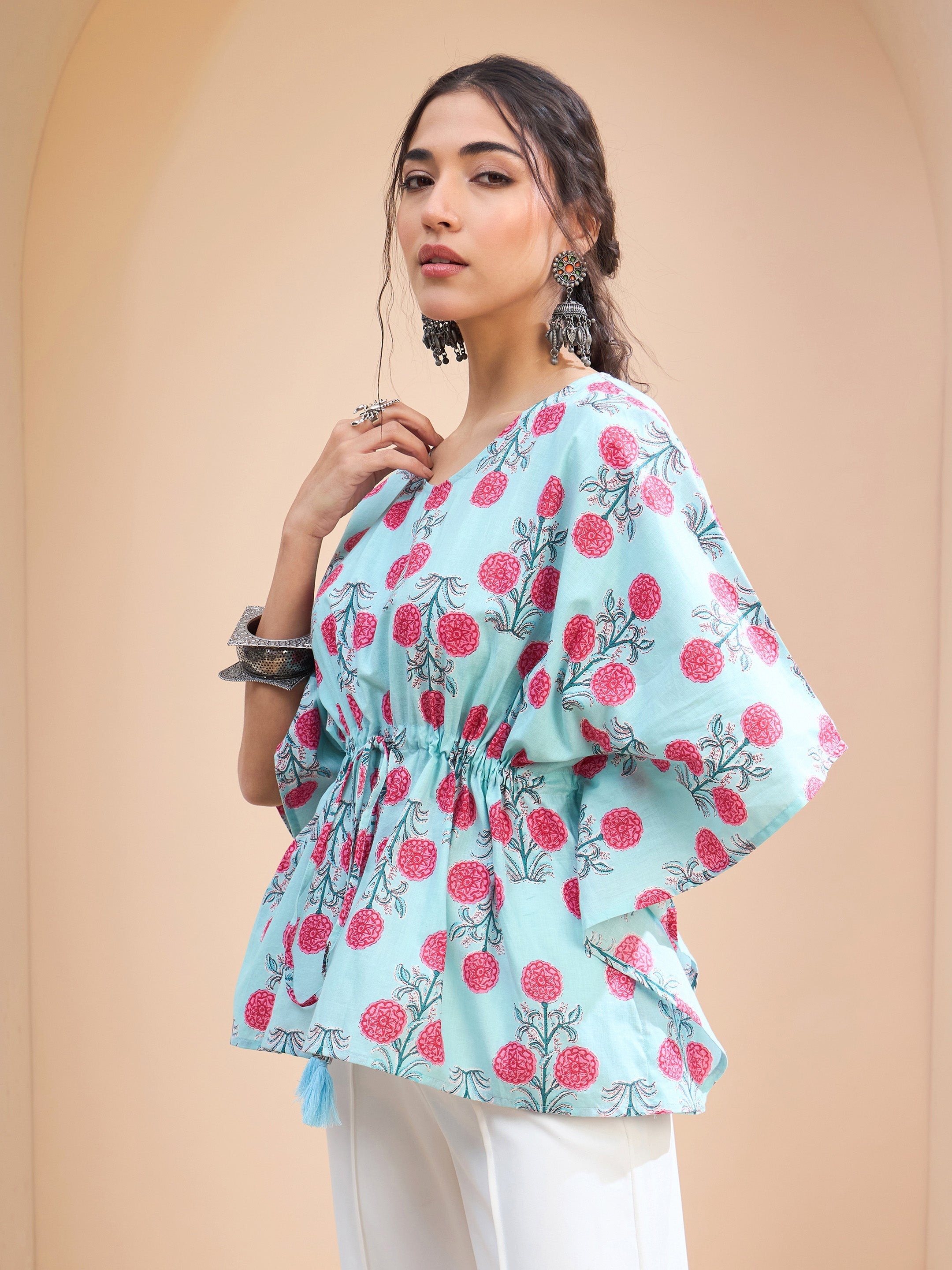 Women's Blue Floral Kaftan Kurti-SHAE