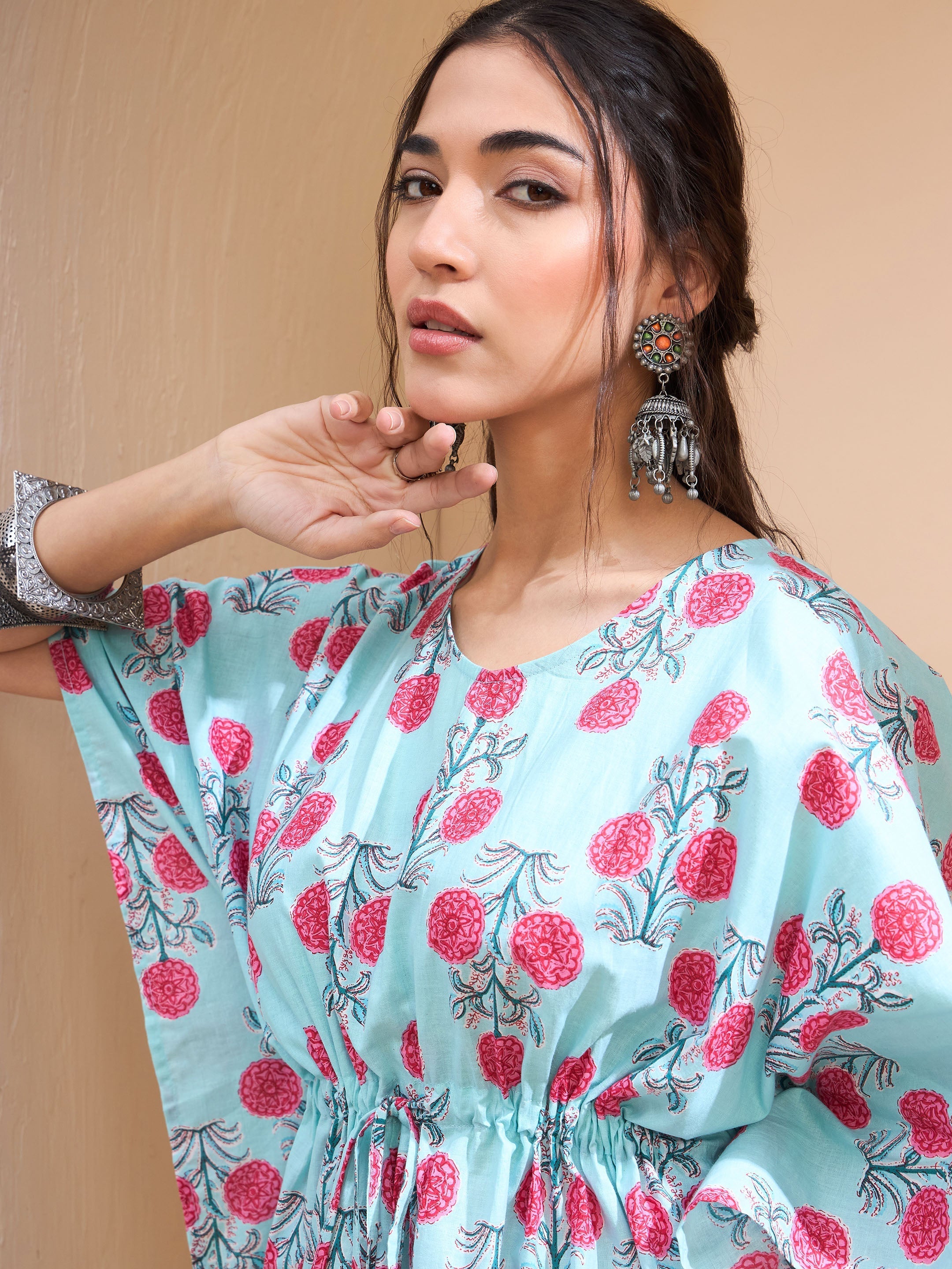 Women's Blue Floral Kaftan Kurti-SHAE