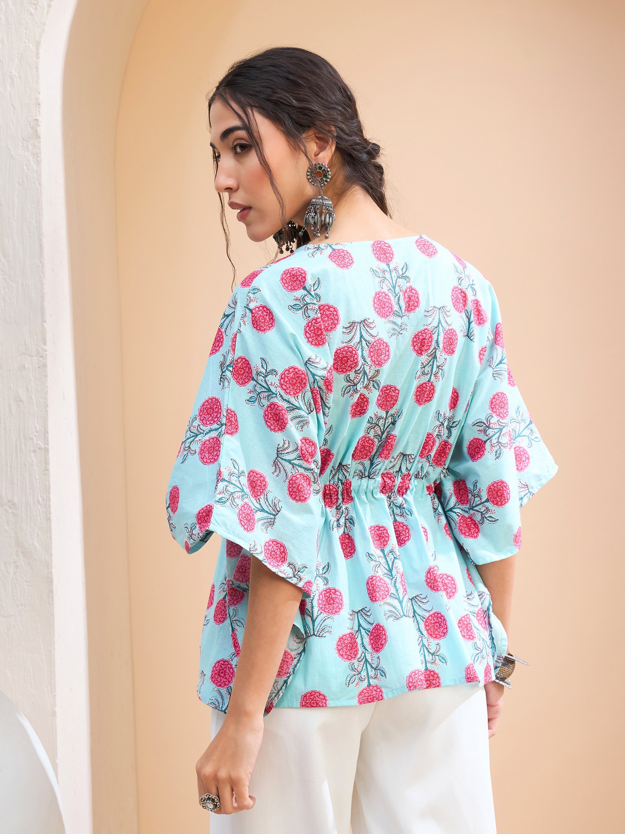 Women's Blue Floral Kaftan Kurti-SHAE