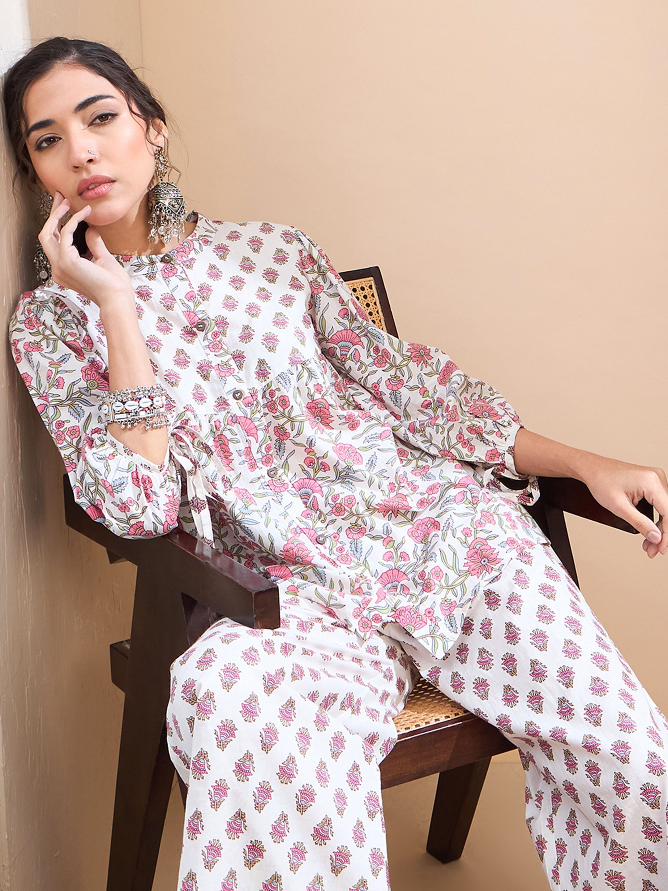 Women's White Floral Sleeve Knot Buttonned Kurti-SHAE