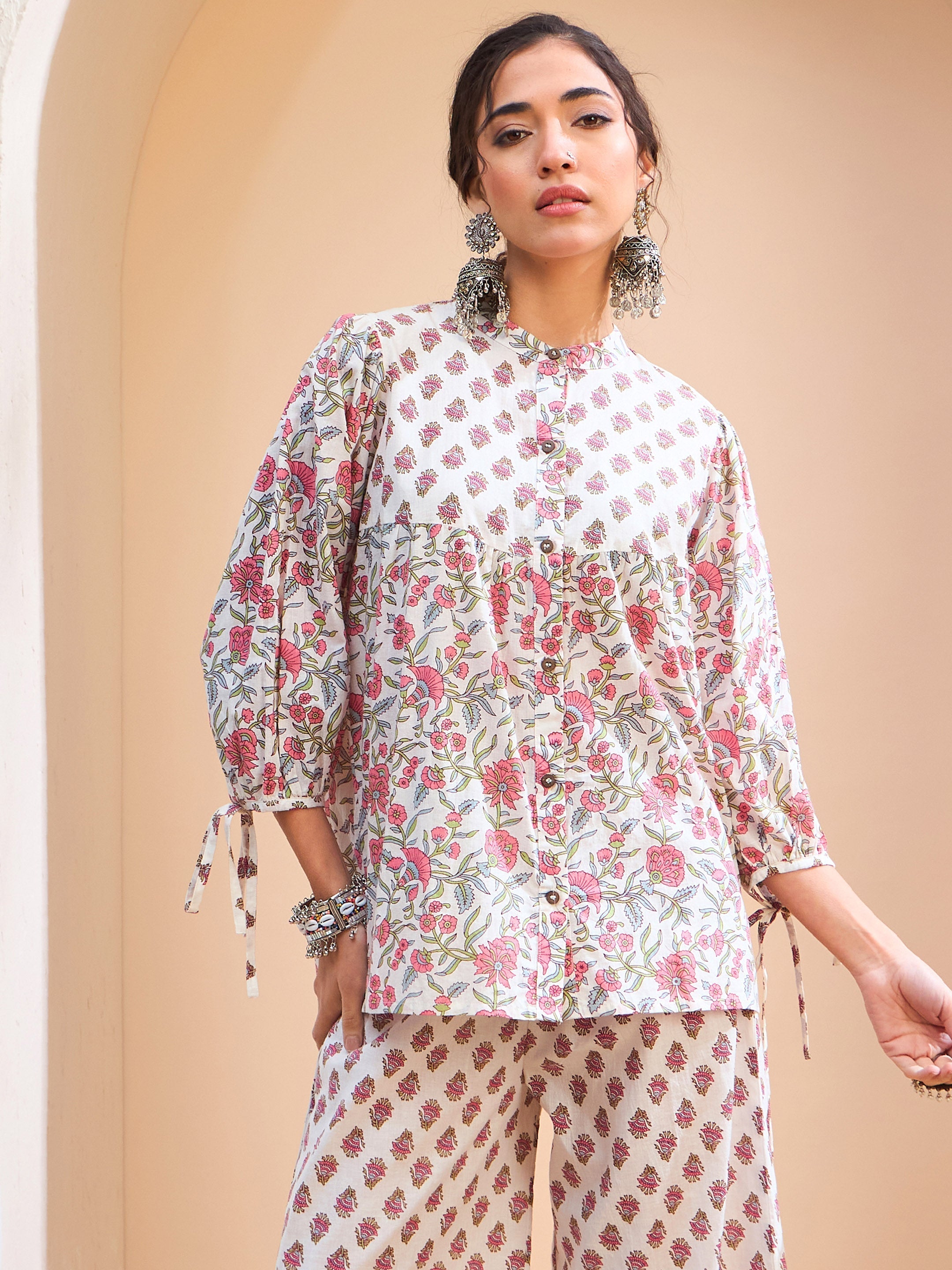 Women's White Floral Sleeve Knot Buttonned Kurti-SHAE