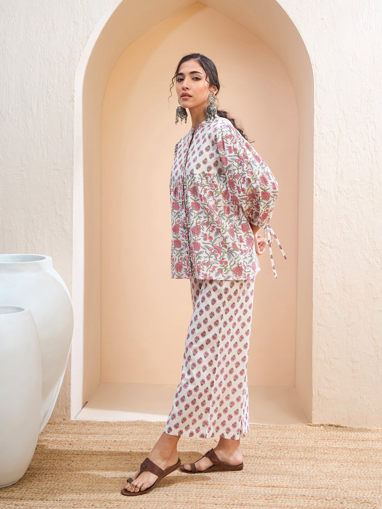 Women's White Floral Sleeve Knot Buttonned Kur