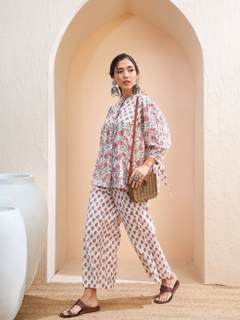 Women's White Floral Sleeve Knot Buttonned Kur