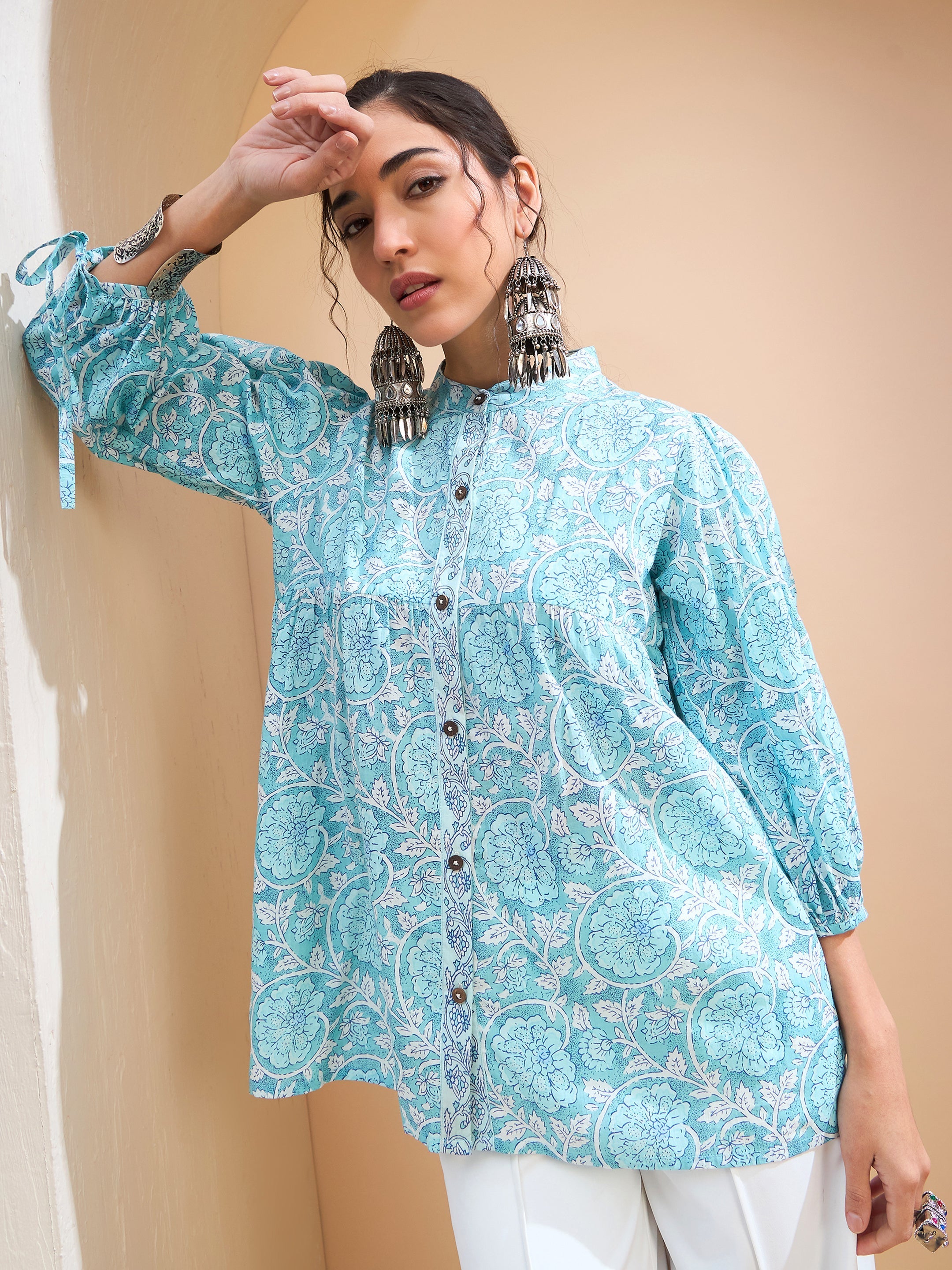 Women's Blue Floral Sleeve Knot Buttonned Kurti-SHAE