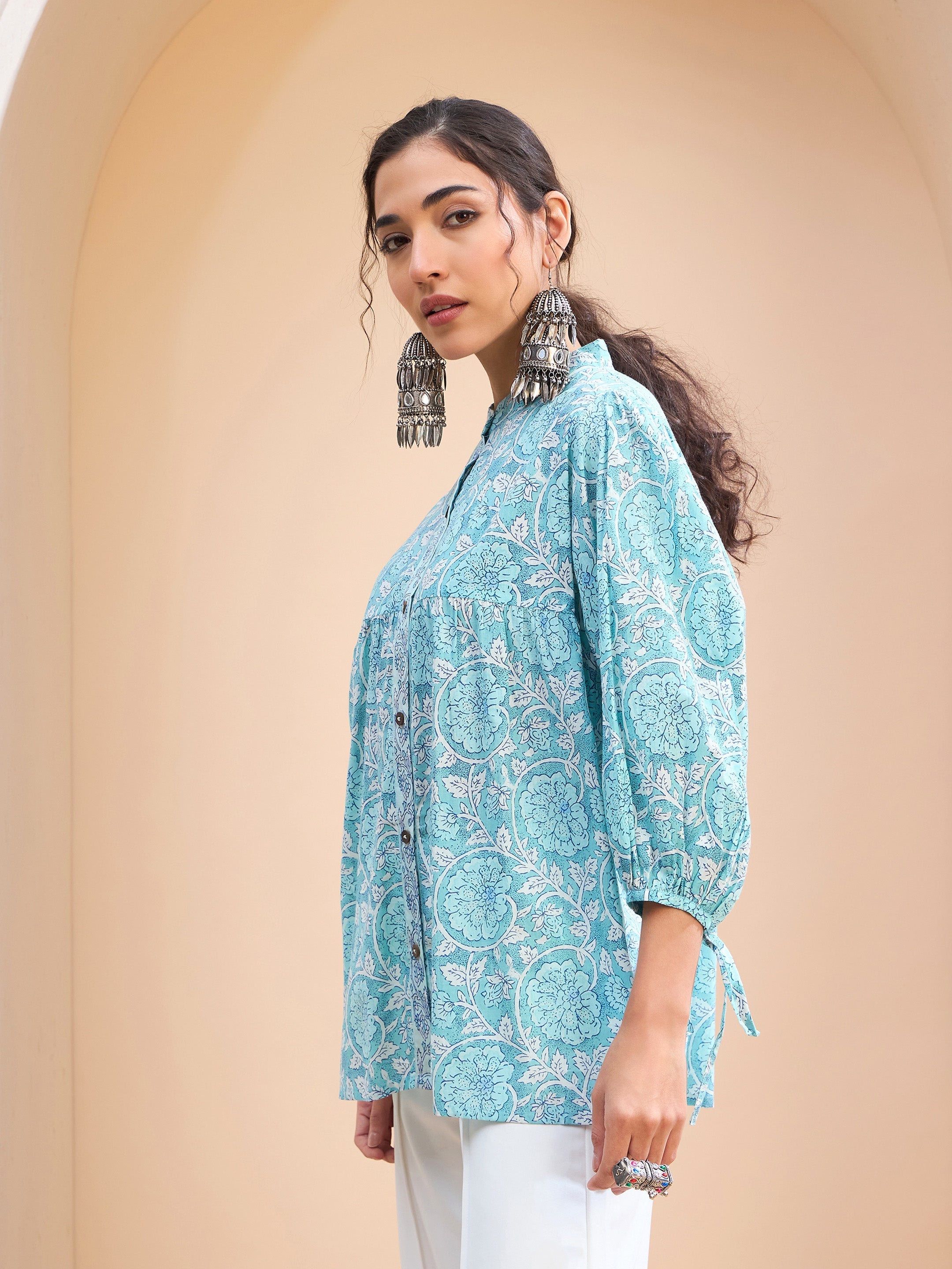 Women's Blue Floral Sleeve Knot Buttonned Kurti-SHAE