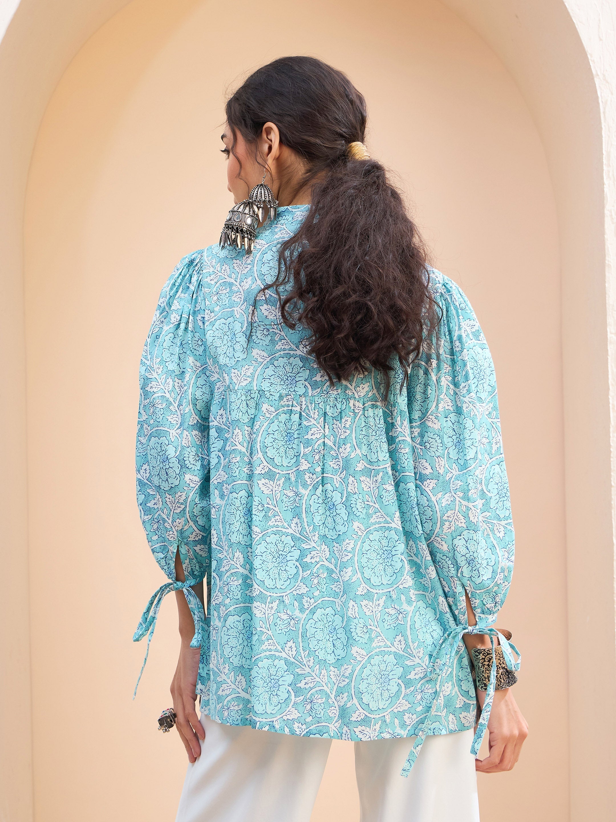 Women's Blue Floral Sleeve Knot Buttonned Kurti-SHAE