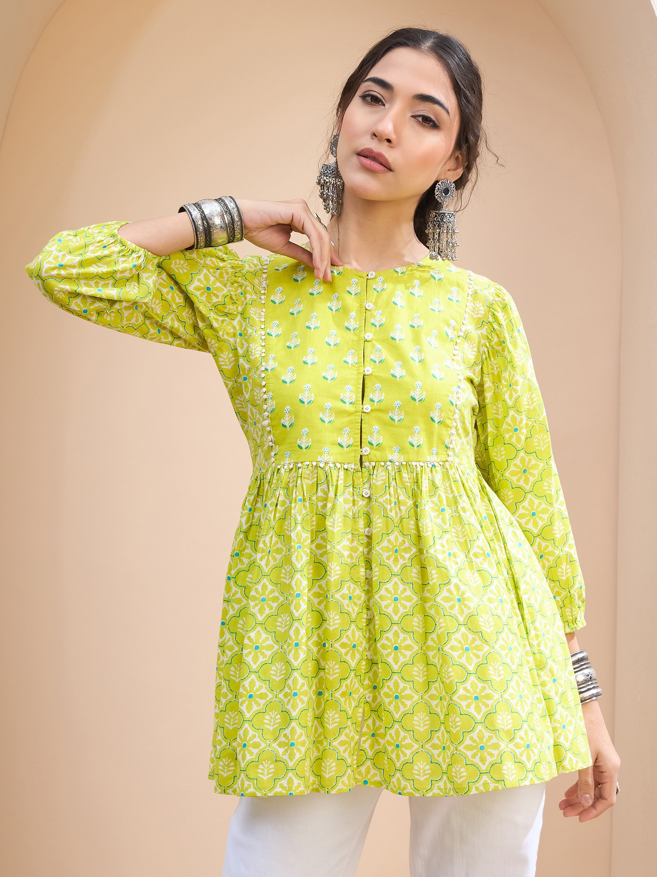 Women's Lime Green Floral Buttonned Lace Neck Gathered Kurti-SHAE