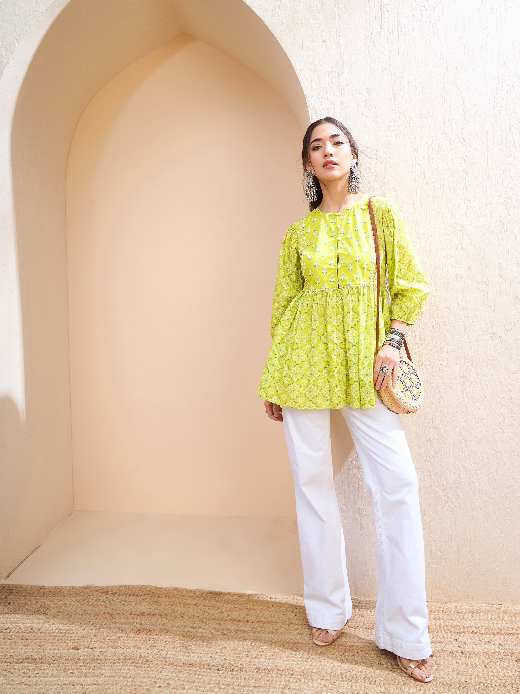 Women's Lime Green Floral Buttonned Lace Neck Gathered Kurti-SHAE