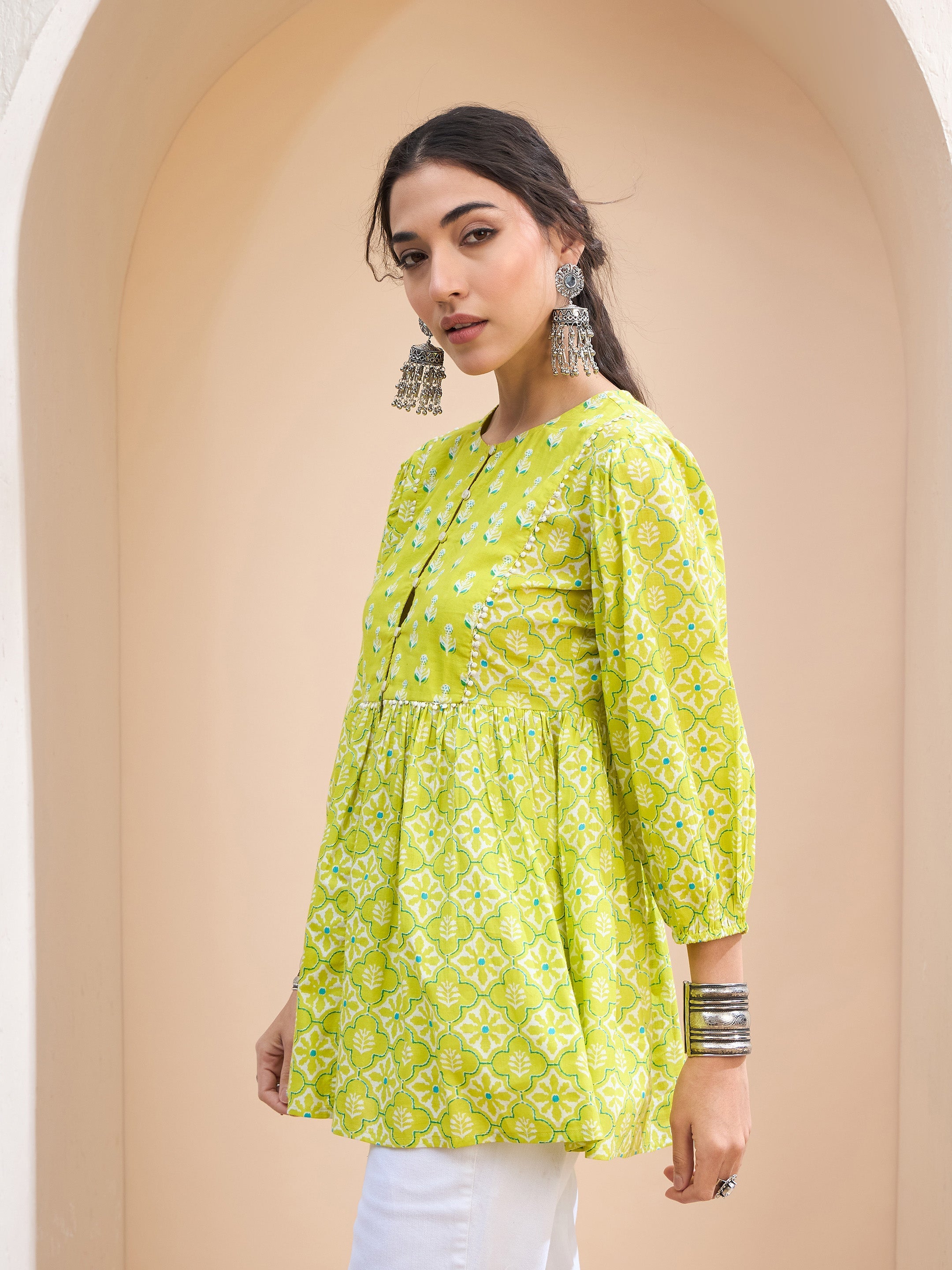 Women's Lime Green Floral Buttonned Lace Neck Gathered Kurti-SHAE