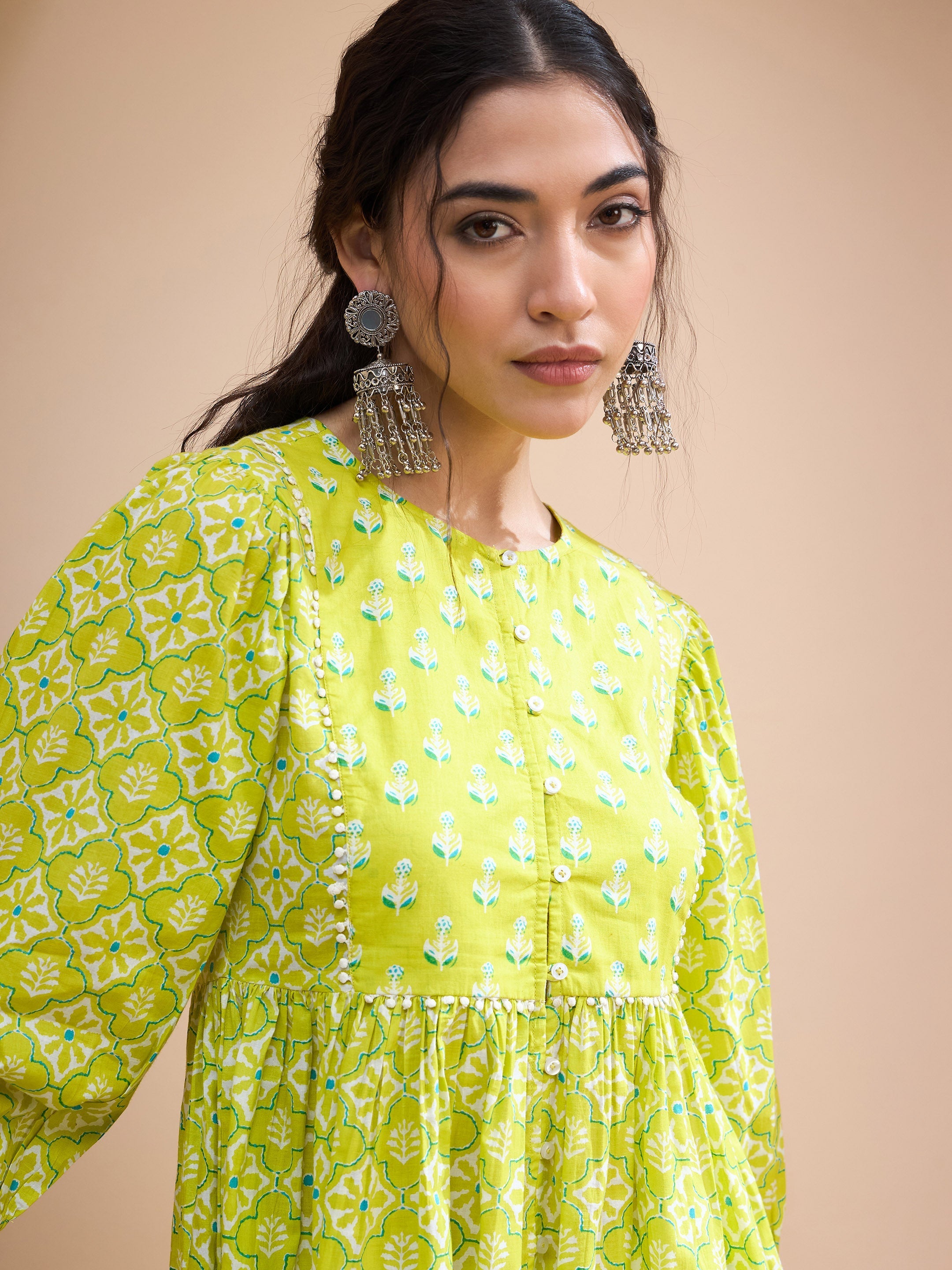 Women's Lime Green Floral Buttonned Lace Neck Gathered Kurti-SHAE