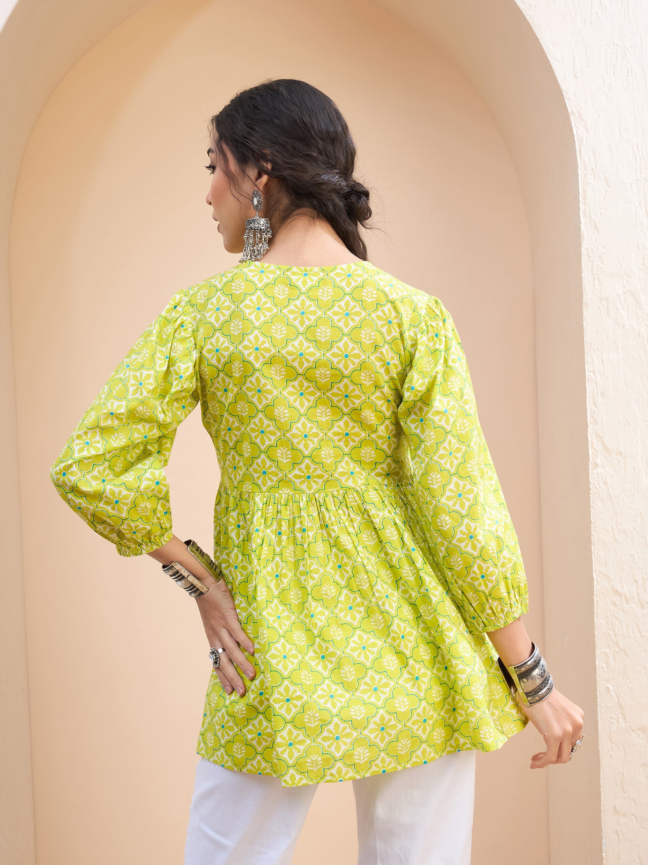 Women's Lime Green Floral Buttonned Lace Neck Gathered Kurti-SHAE