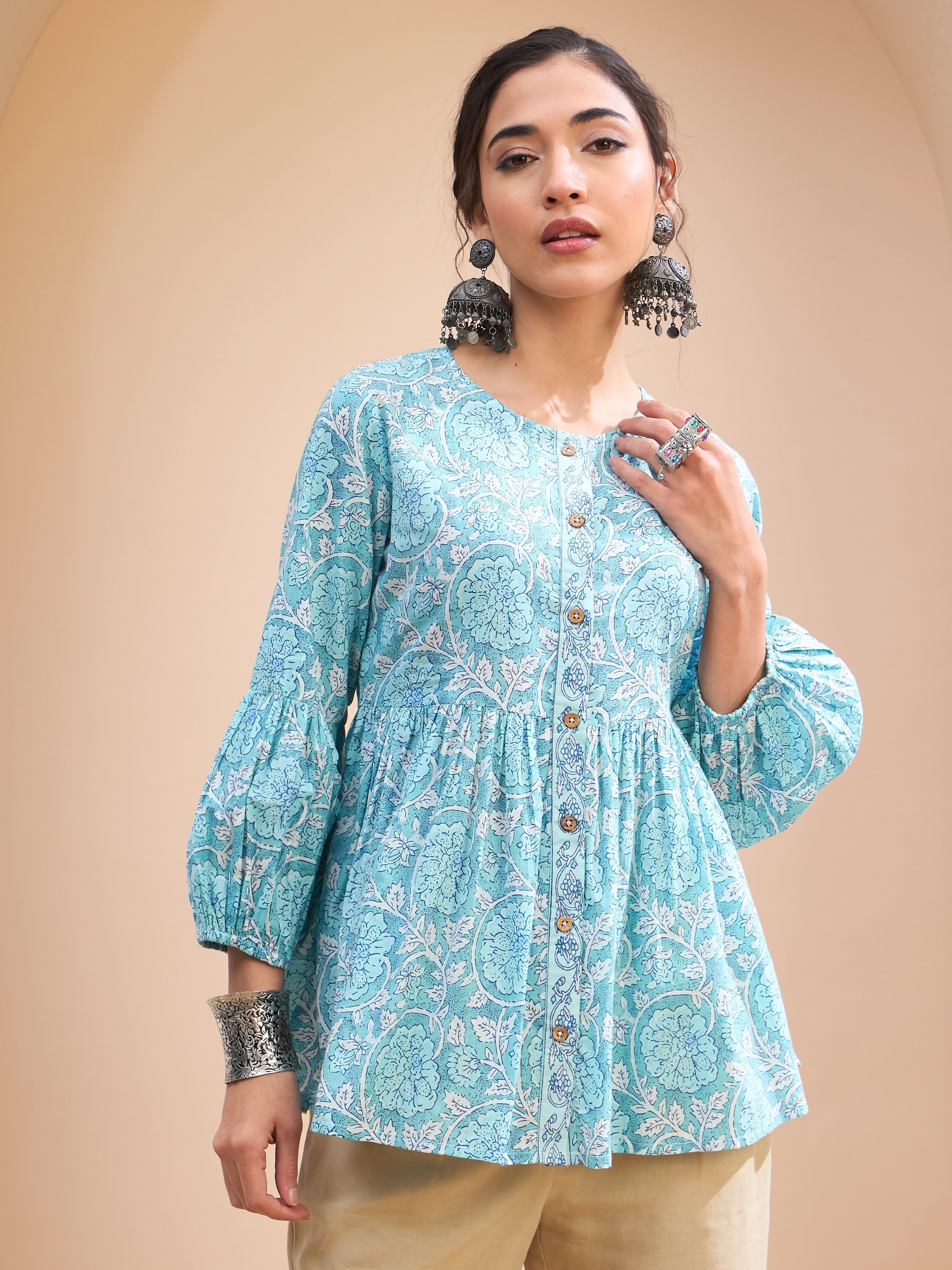 Women's Blue Floral Wood Buttonned Gathered Kurti-SHAE