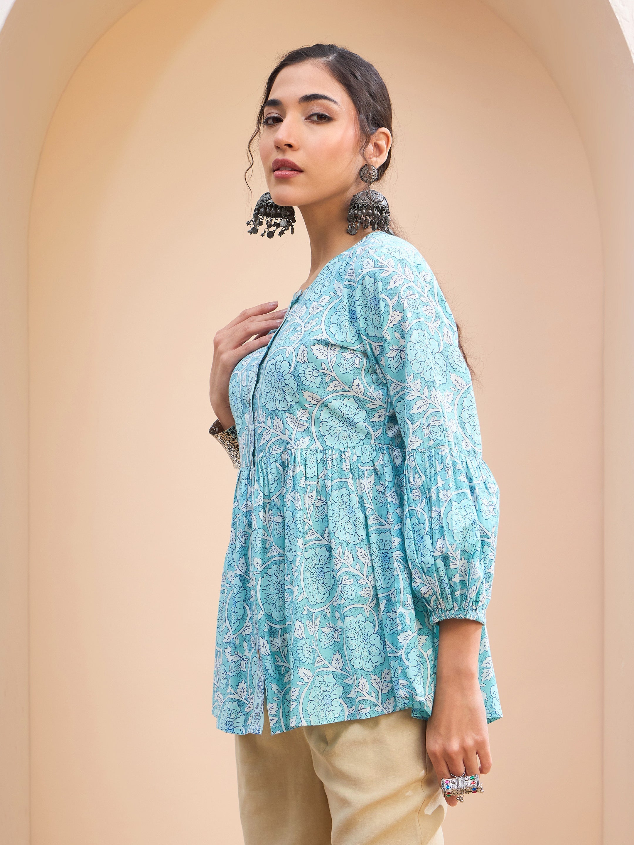 Women's Blue Floral Wood Buttonned Gathered Kurti-SHAE