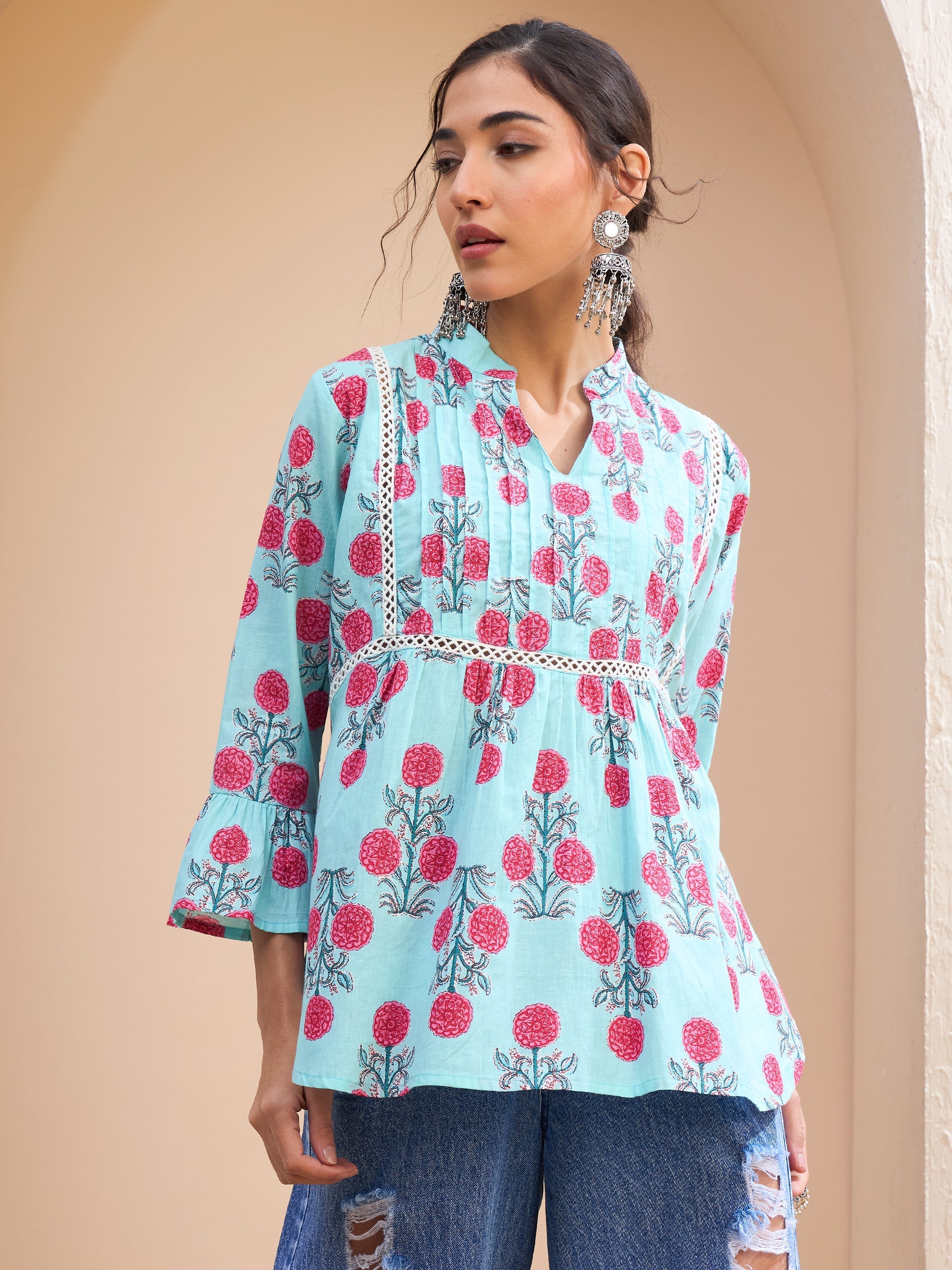 Women's Blue Floral Front Pin Tuck Kurti-SHAE