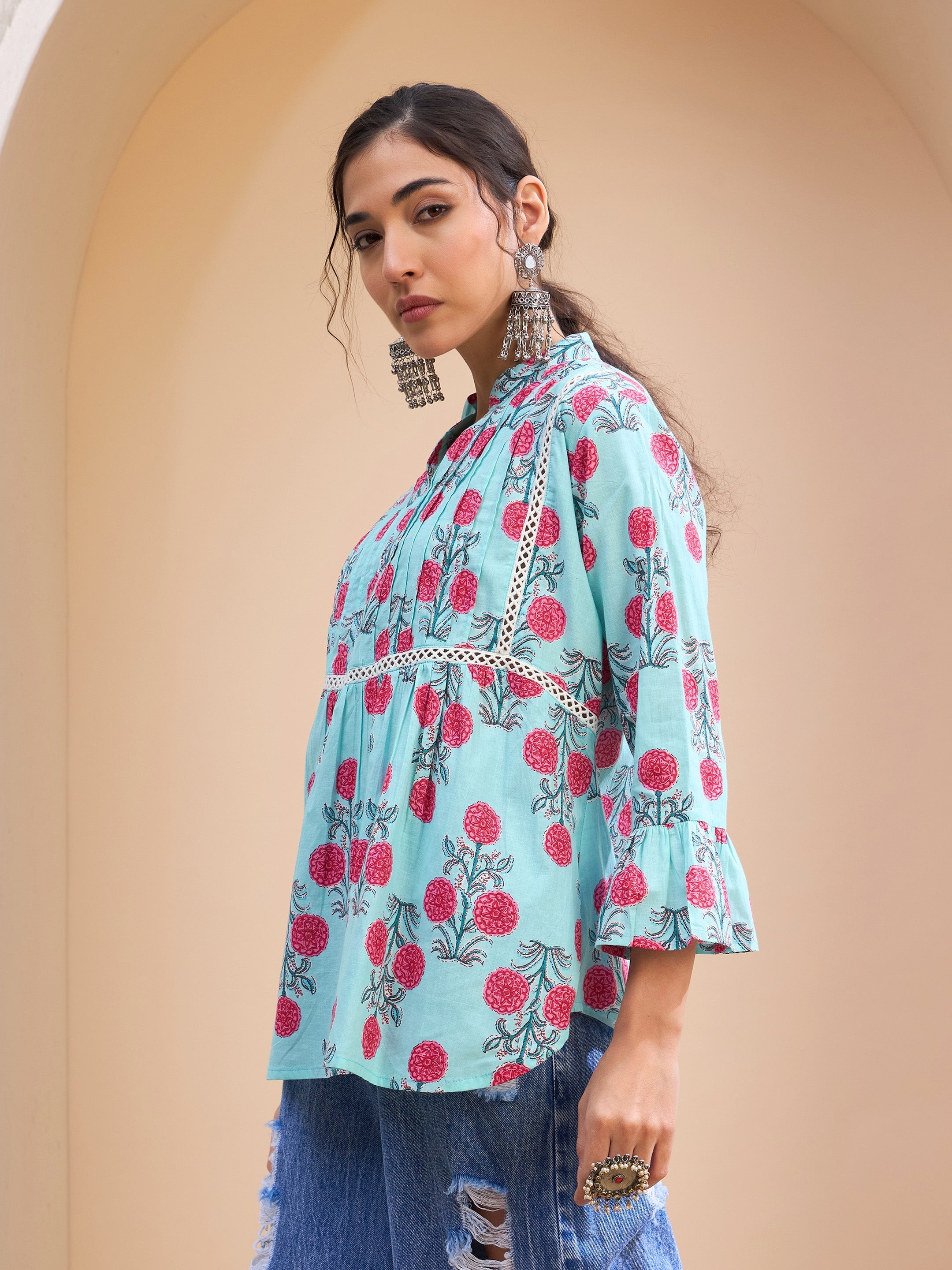 Women's Blue Floral Front Pin Tuck Kurti-SHAE