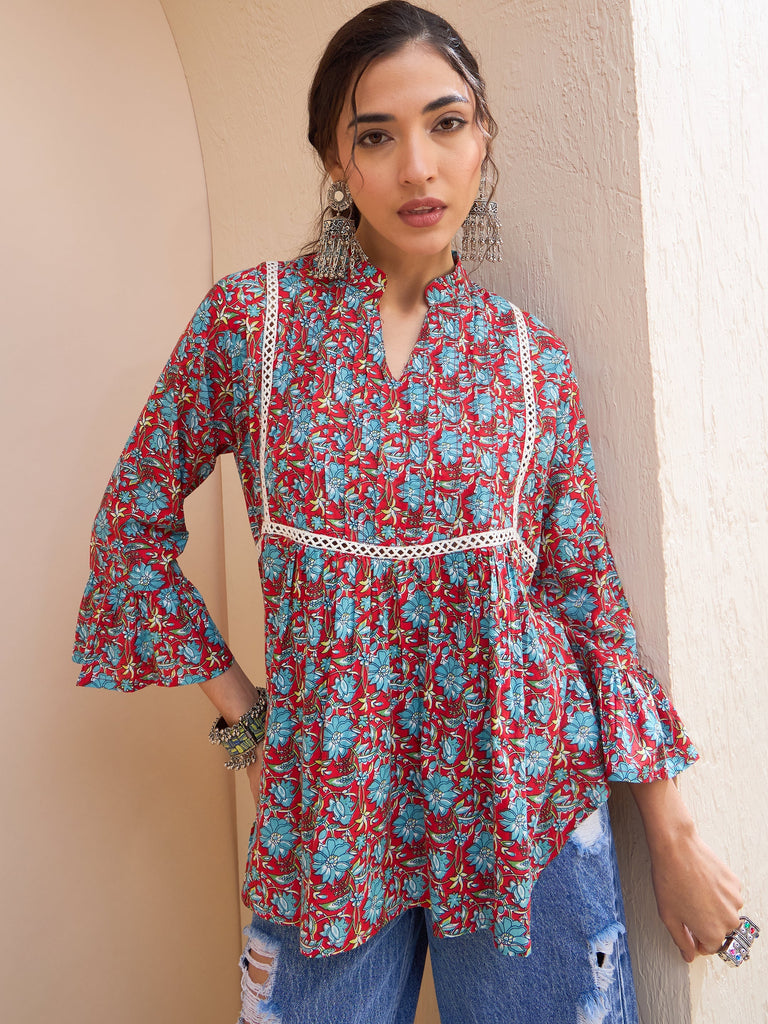 Women's Red Floral Front Pin Tuck Kur