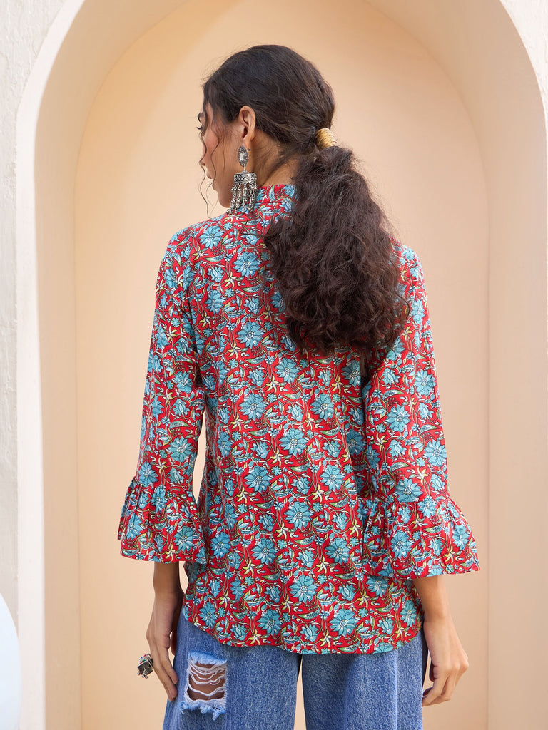 Women's Red Floral Front Pin Tuck Kur
