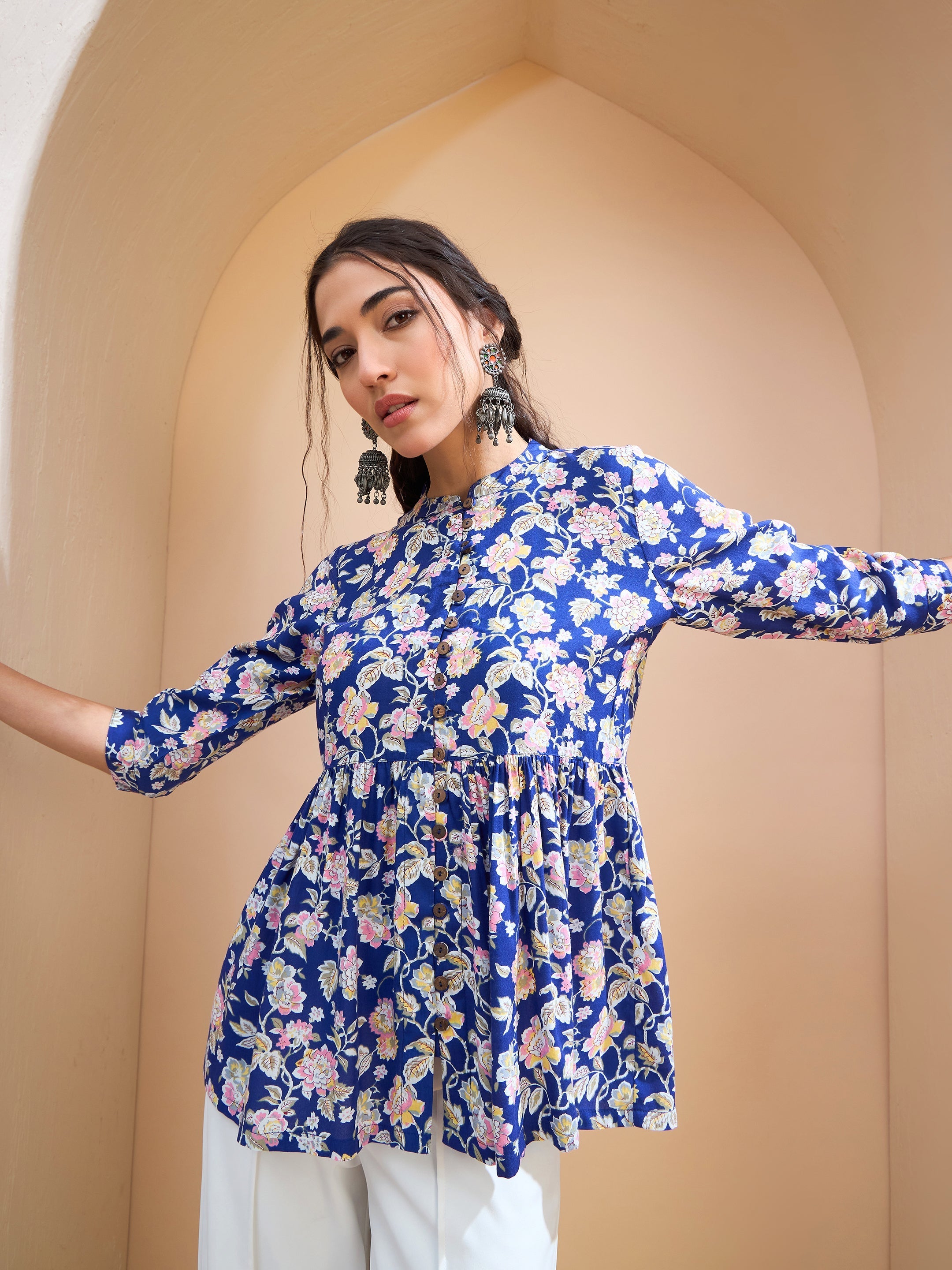 Women's Blue Floral Buttonned Gathered Kurti-SHAE