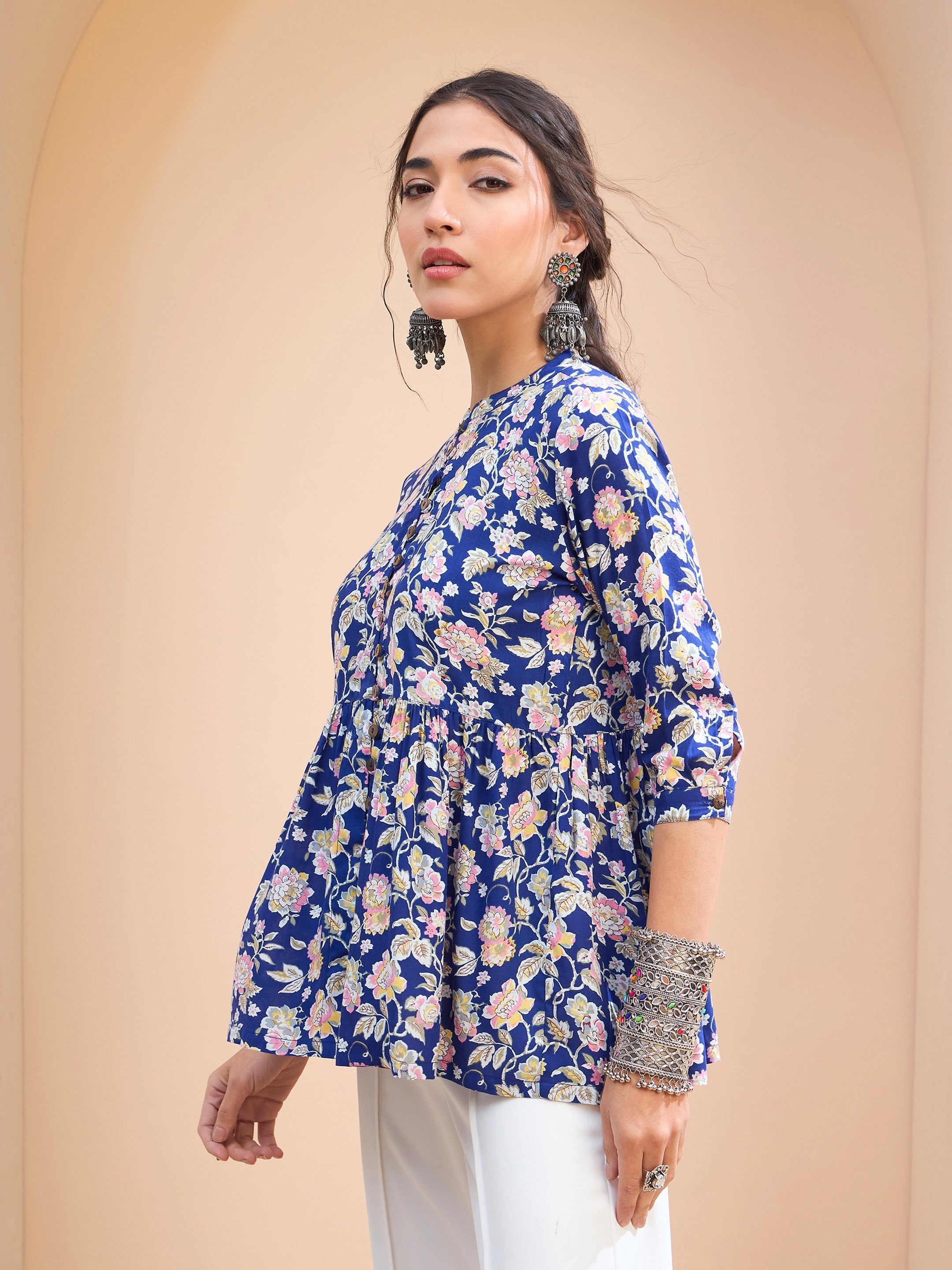 Women's Blue Floral Buttonned Gathered Kurti-SHAE