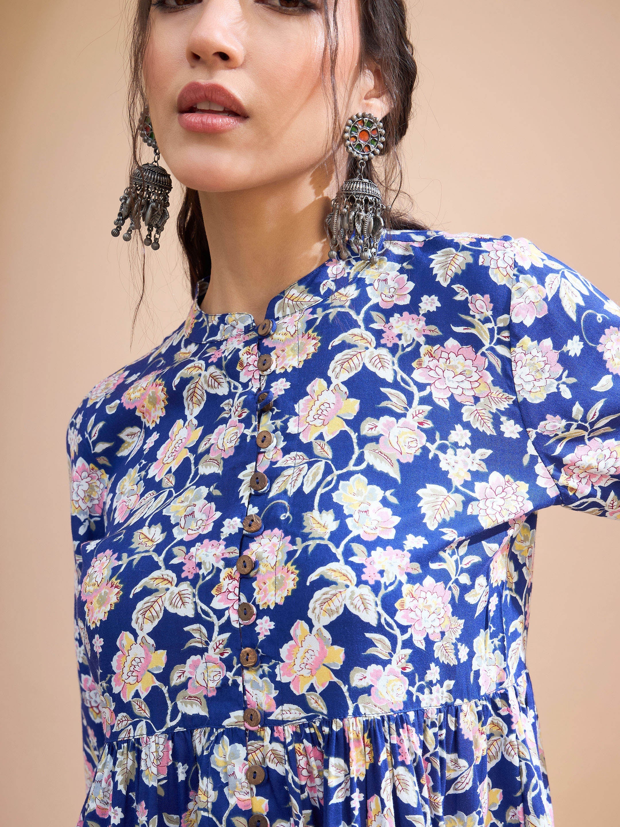 Women's Blue Floral Buttonned Gathered Kurti-SHAE