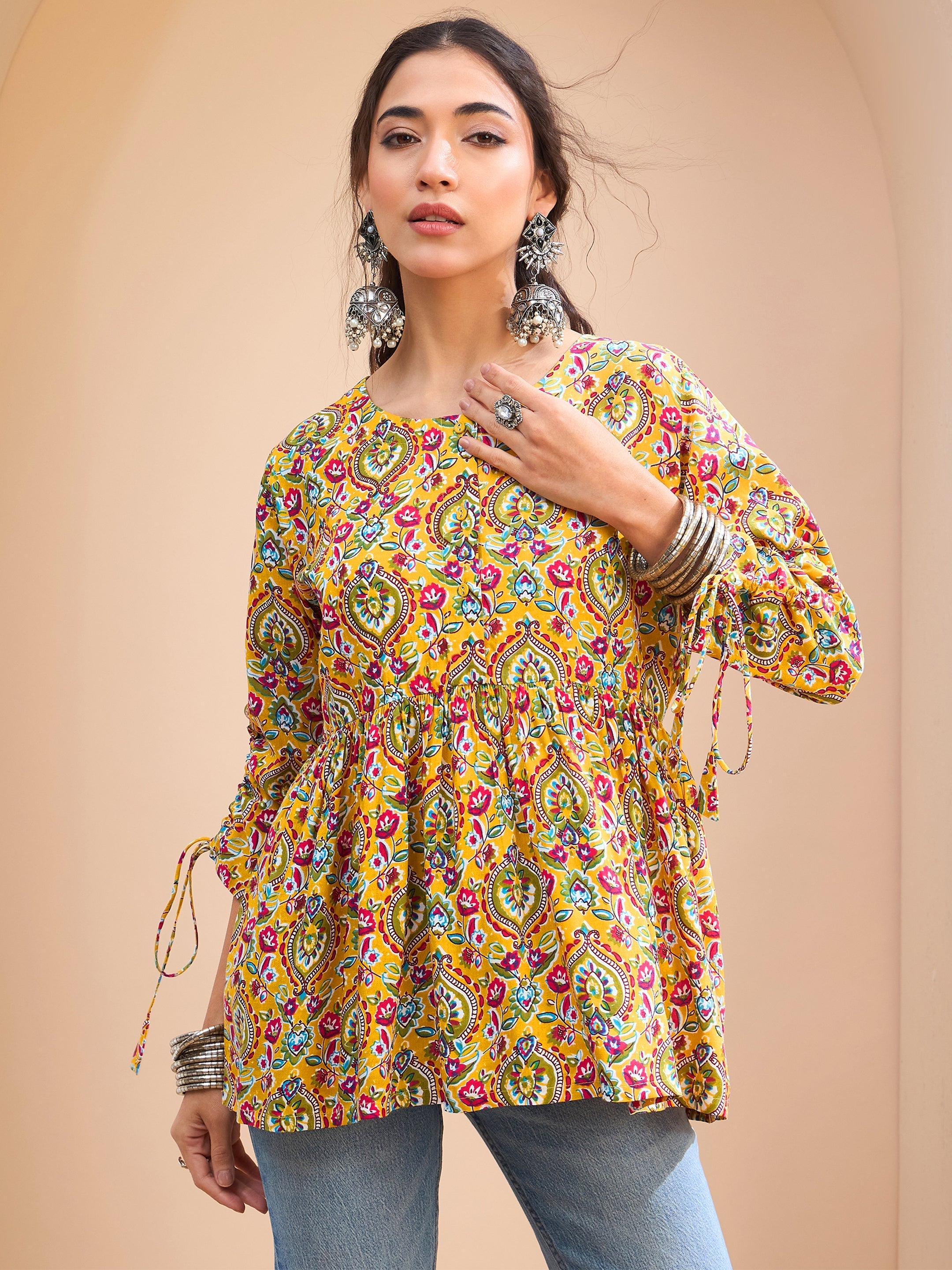 Women's Yellow Floral Ruching Dori Sleeves Peplum Kurti-SHAE