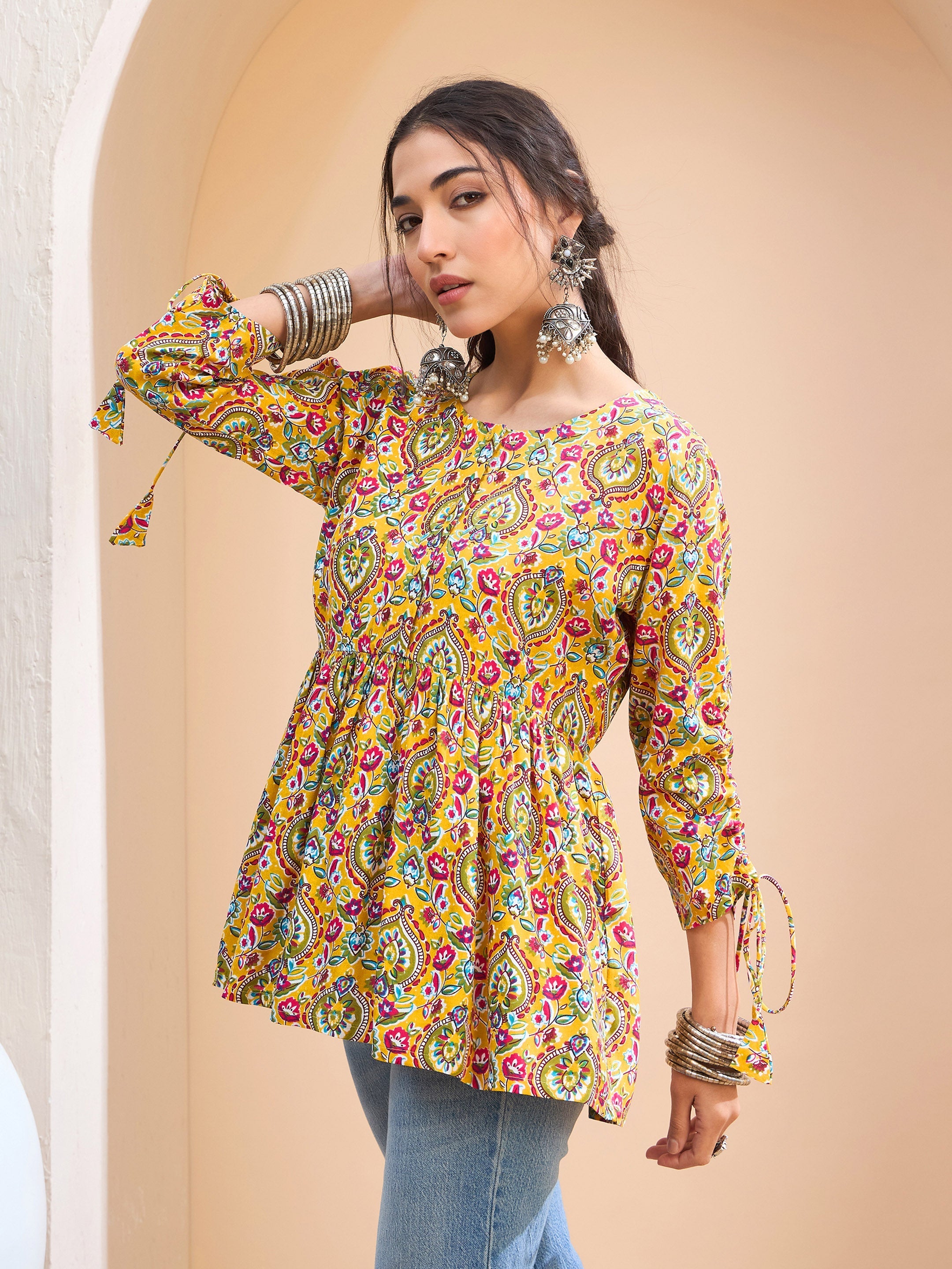 Women's Yellow Floral Ruching Dori Sleeves Peplum Kurti-SHAE