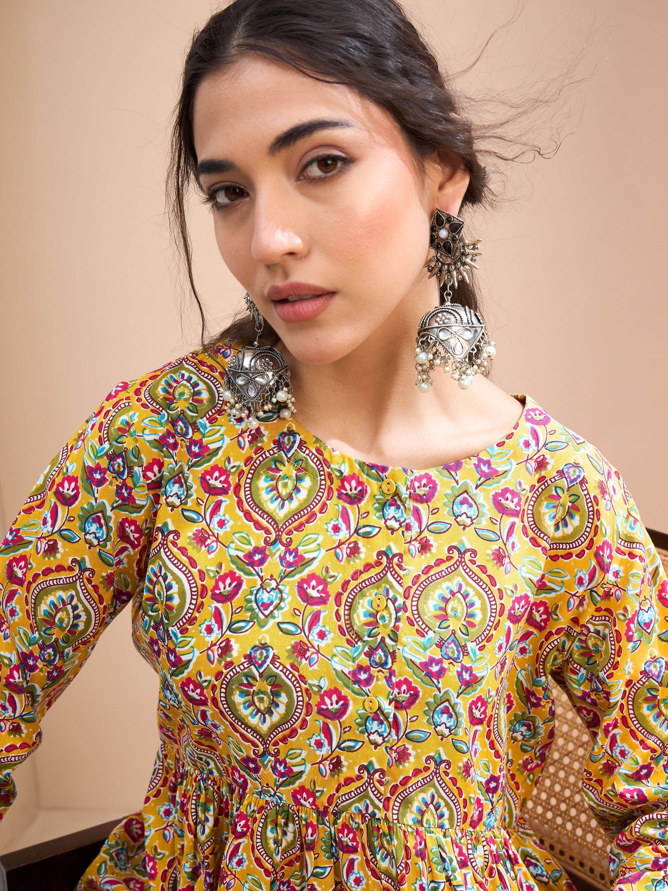 Women's Yellow Floral Ruching Dori Sleeves Peplum Kurti-SHAE