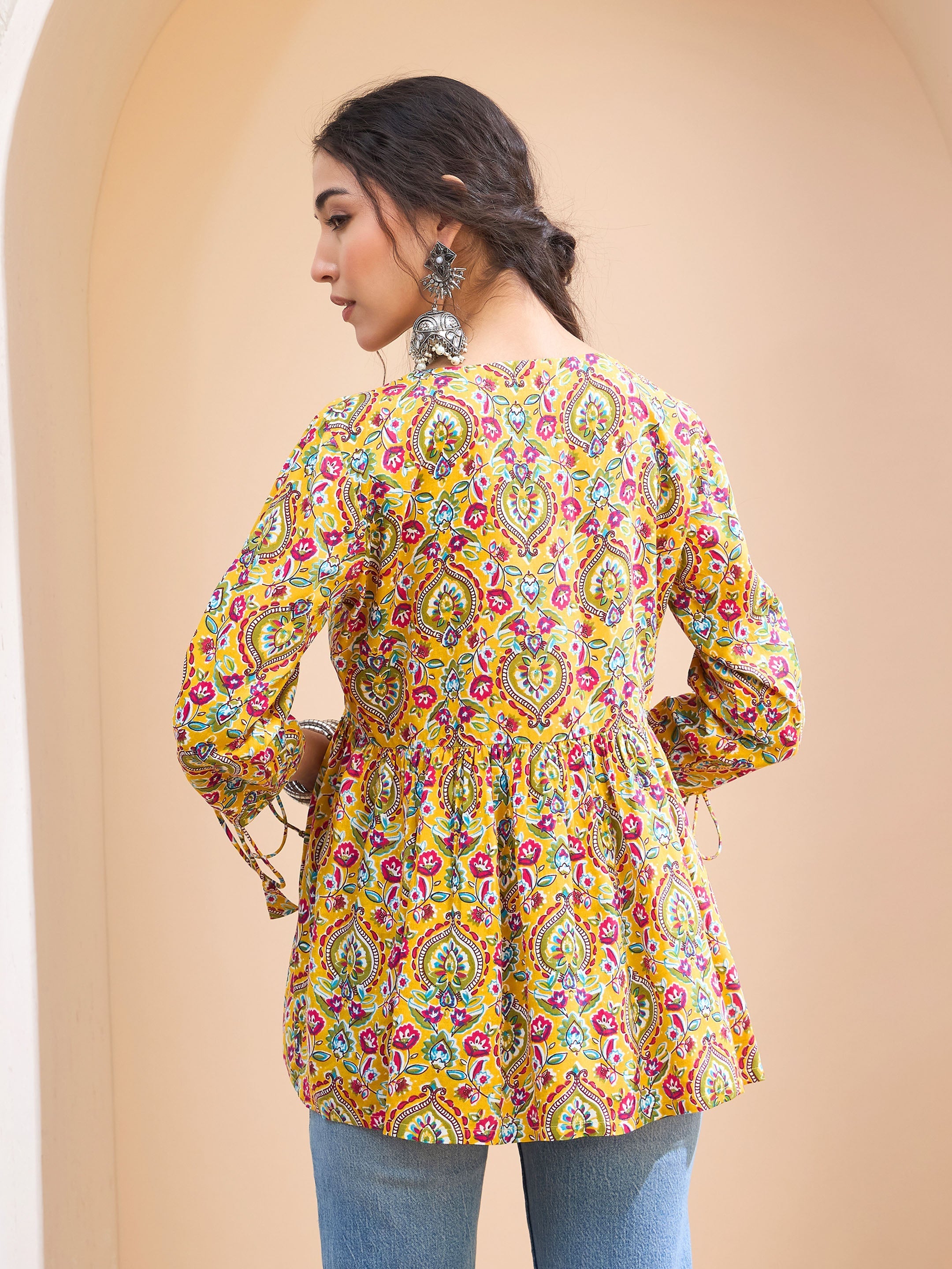 Women's Yellow Floral Ruching Dori Sleeves Peplum Kurti-SHAE