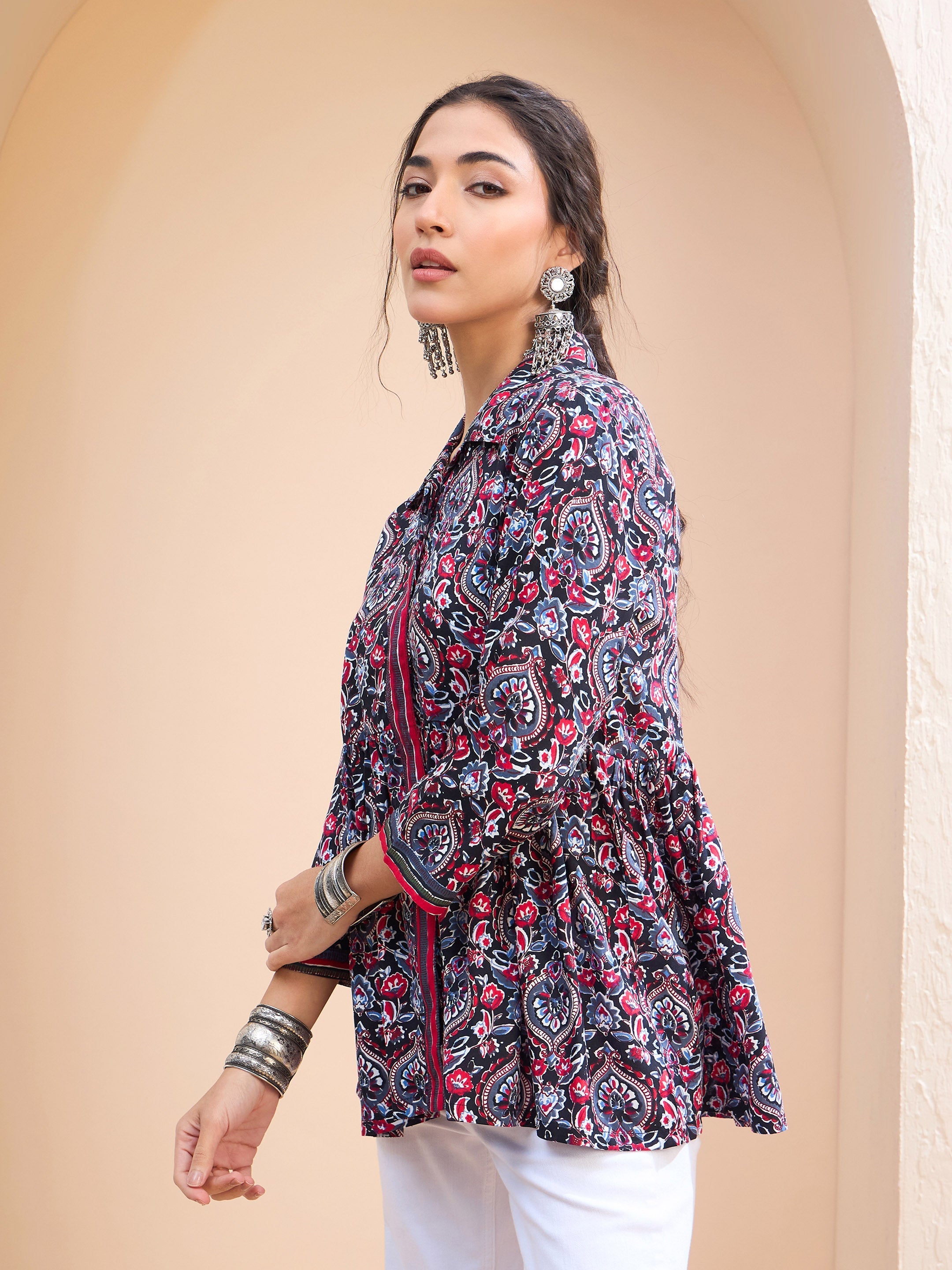 Women's Black Floral Front Placket Collar Kurti-SHAE