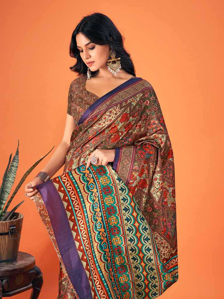Women's Multi Color Pashmina Digital Print Party Wear Pashmina Saree