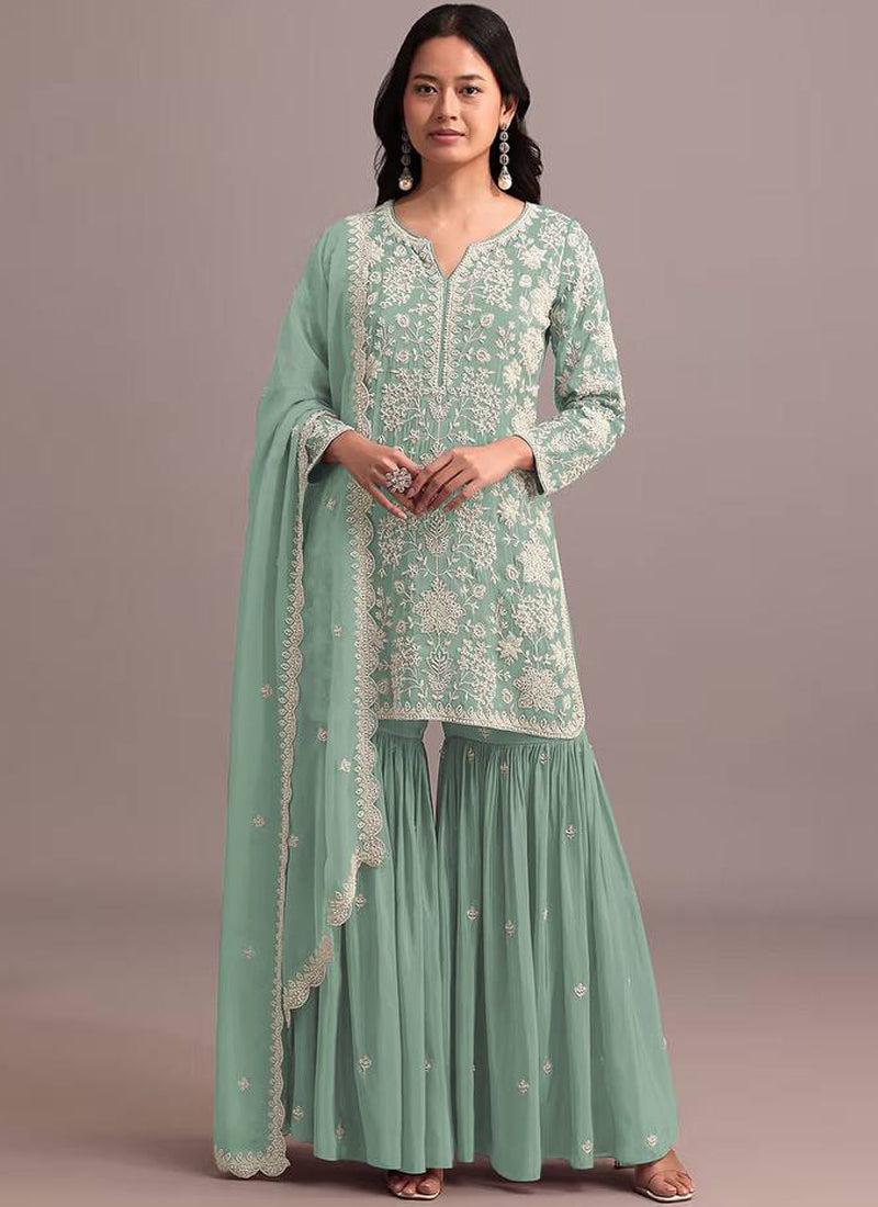 Women's Light Green Georgette Embroidered Sharara Set | Trendia Global Women's Light Green Georgette Embroidered Sharara Set | Trendia Global