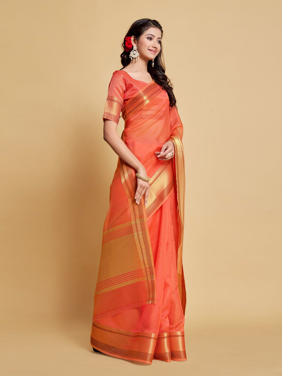 Women's Peach Organza Weaving Saree - Dwija Fashion – Trendia