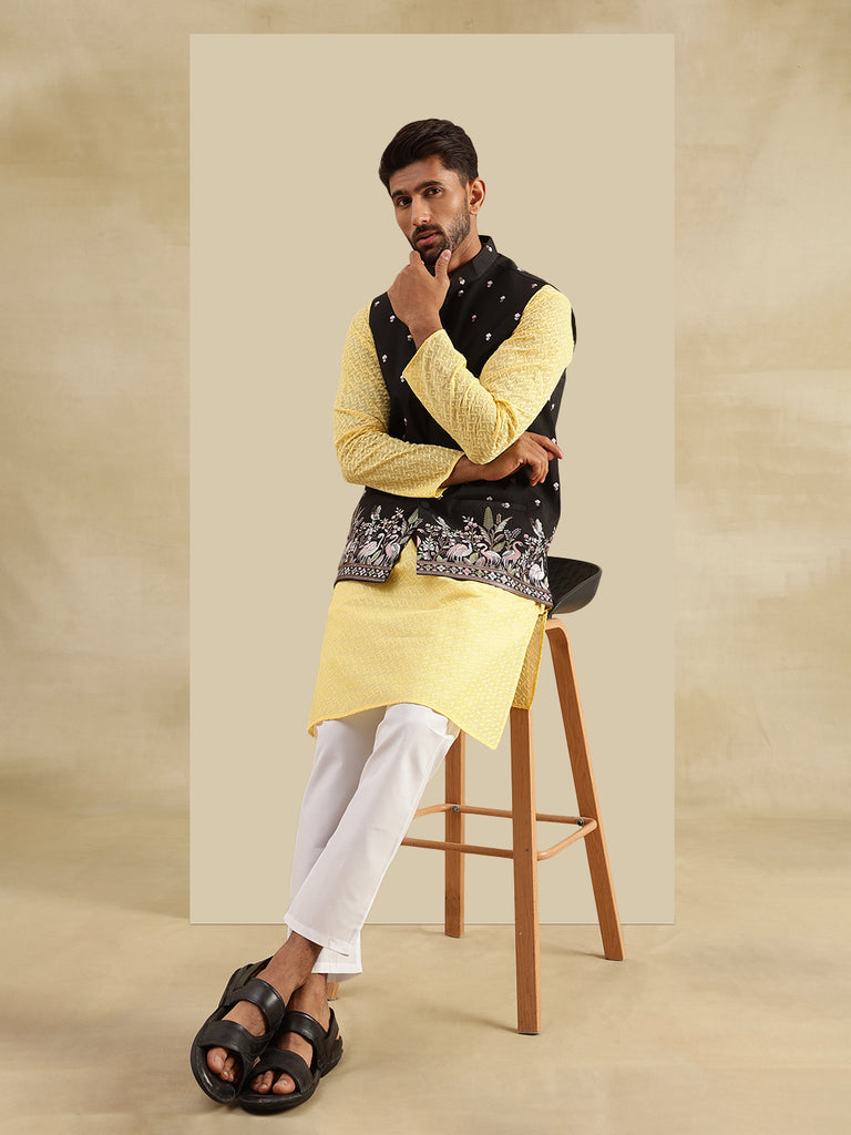 Men's Yellow & Black Cotton Embroidered Kurta Set