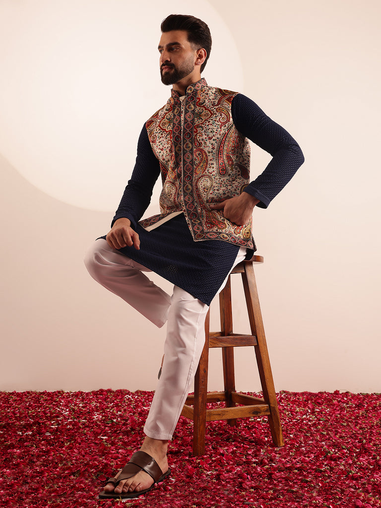 Men's Blue & Cream Cotton Checks Kurta Set