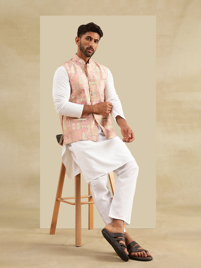 Men's White & Pink Cotton Checks Kurta Set