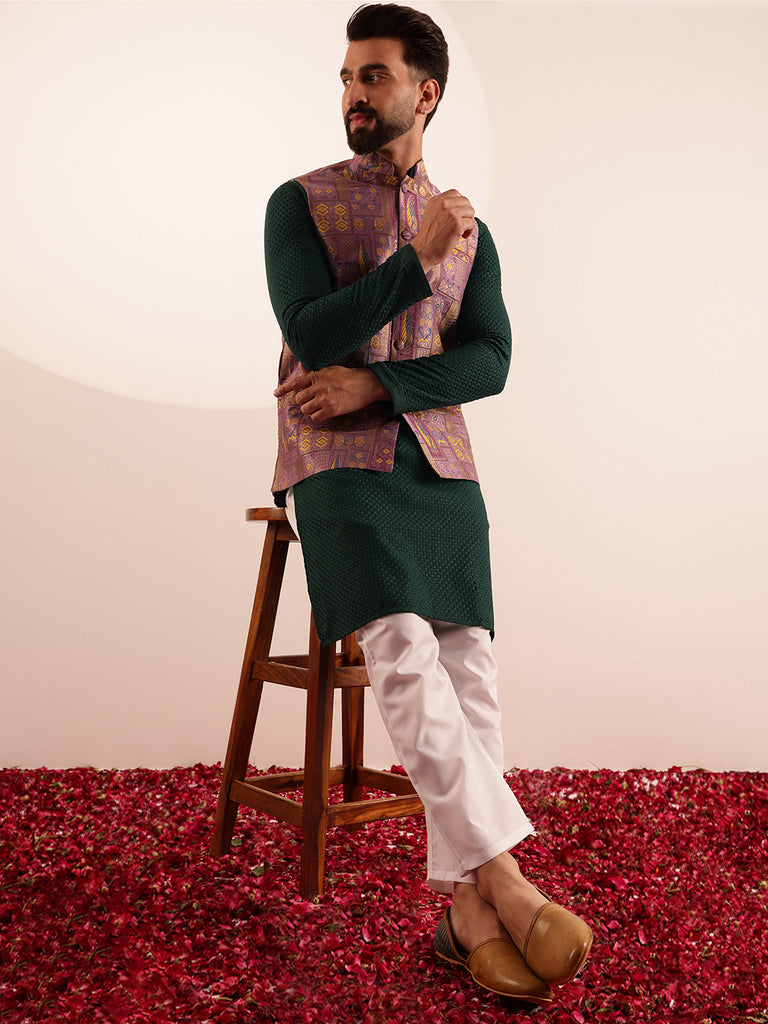 Men's Green & Purple Cotton Checks Kurta Set