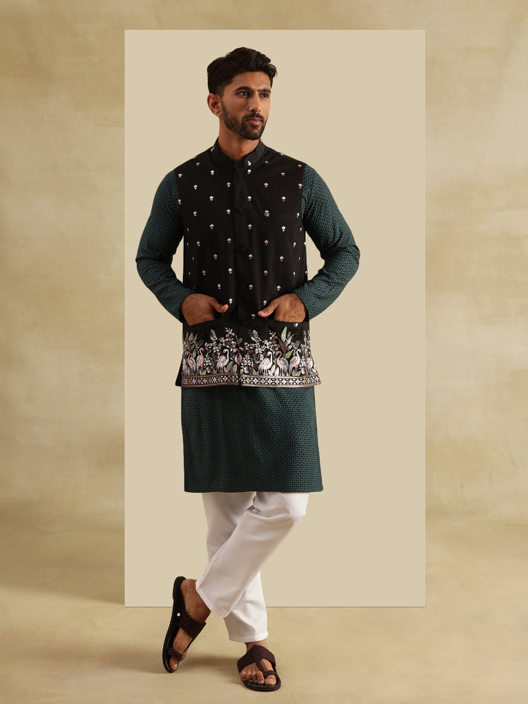 Men's Green & Black Cotton Checks Kurta Set