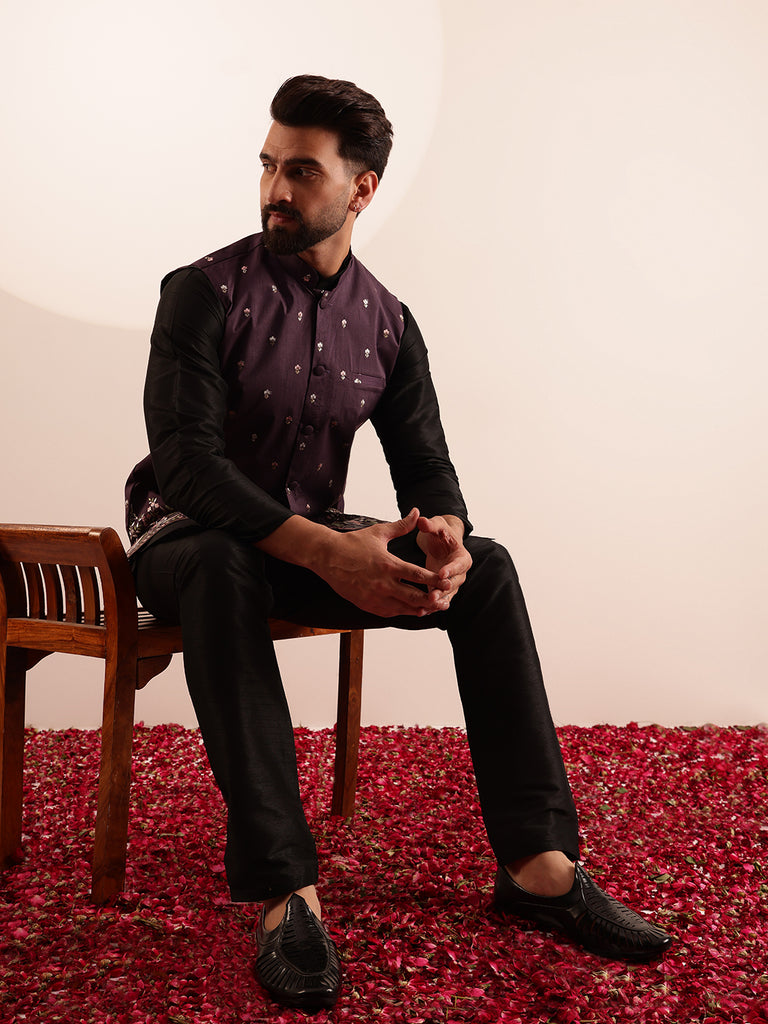 Men's Black & Wine Silk Blend Solid/Plain Kurta Set