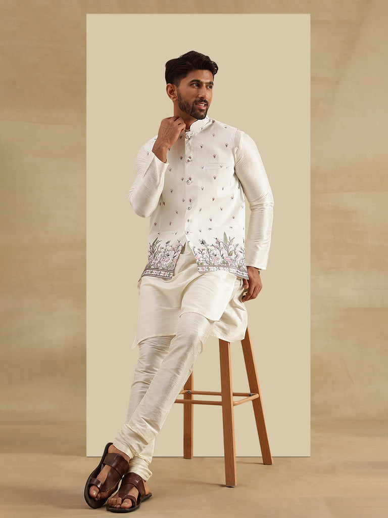Men's Cream Silk Blend Solid/Plain Kurta Set